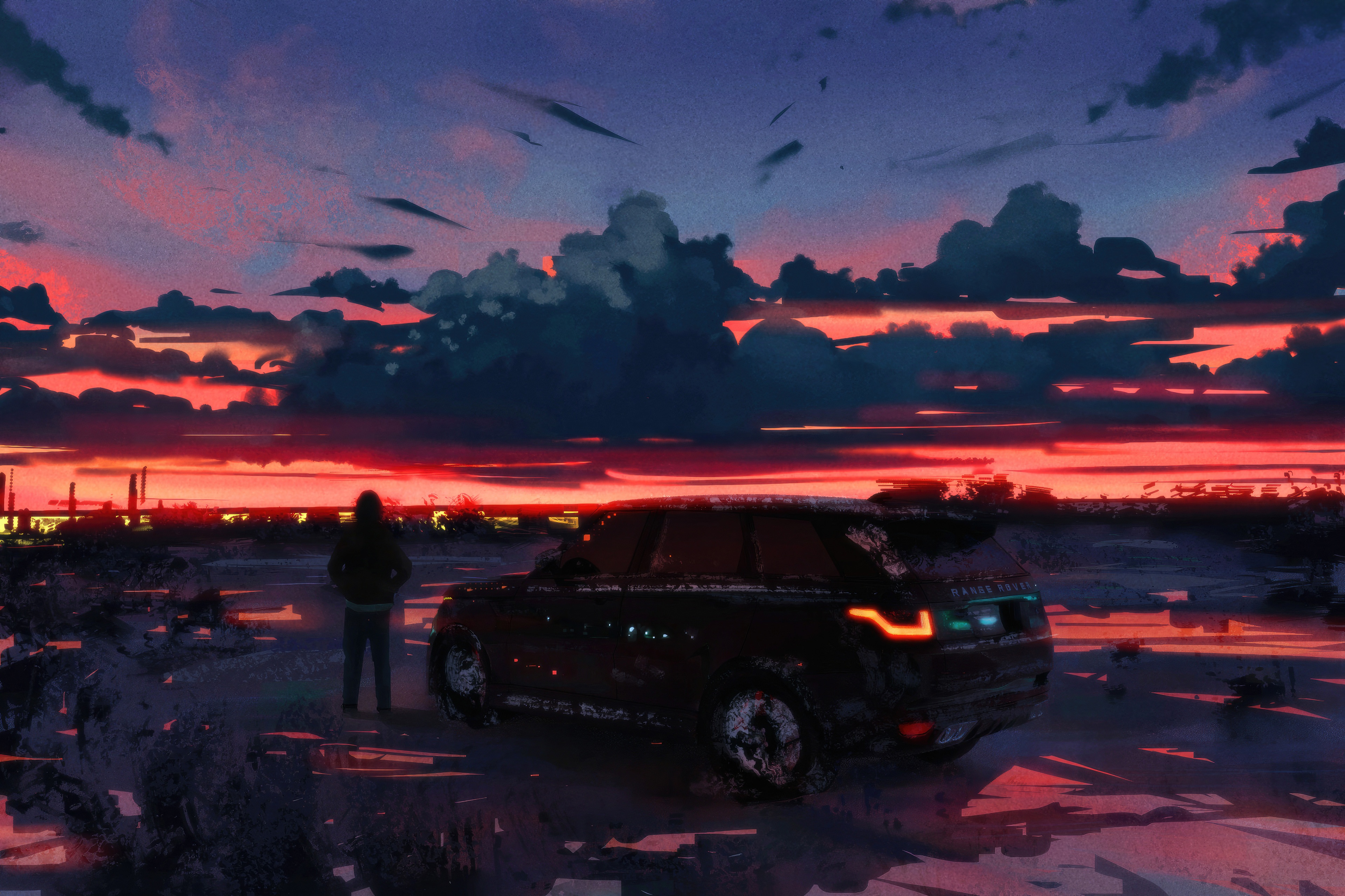 Range Rover at sunset with a person HD Wallpaper
