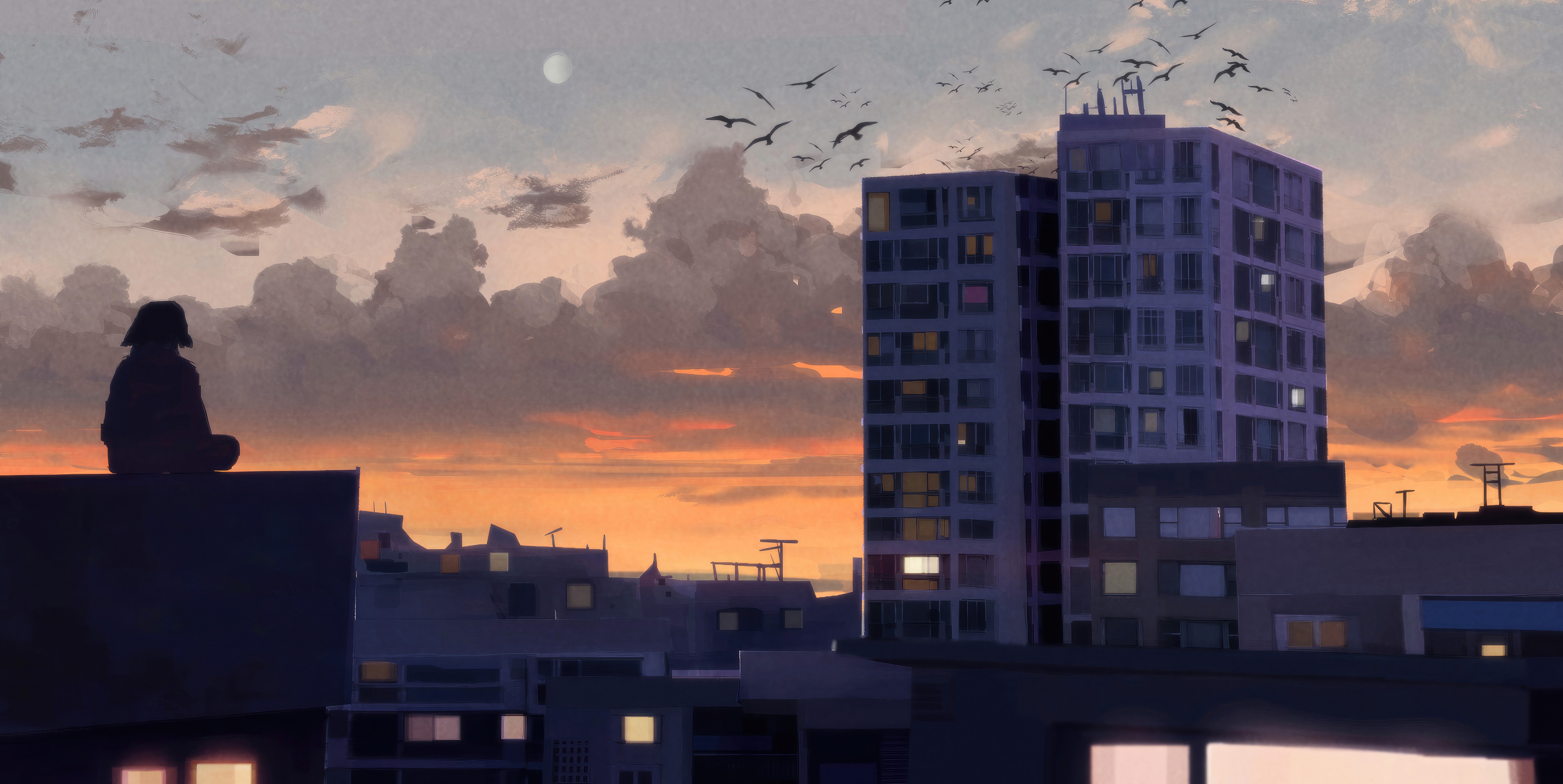 Person sitting on a rooftop at sunrise HD Wallpaper