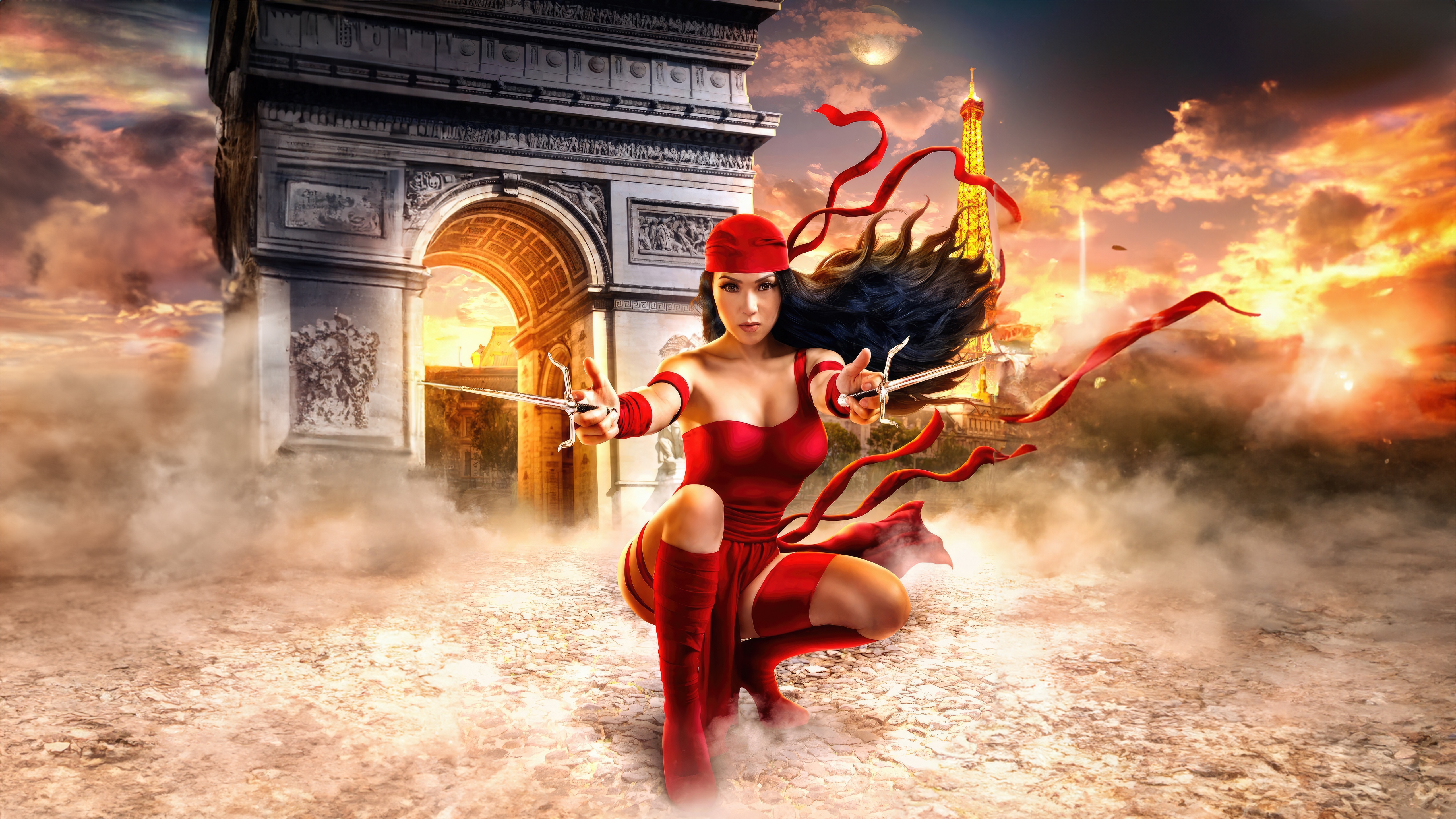 Elektra in Paris with Arc de Triomphe and Eiffel Tower HD Wallpaper