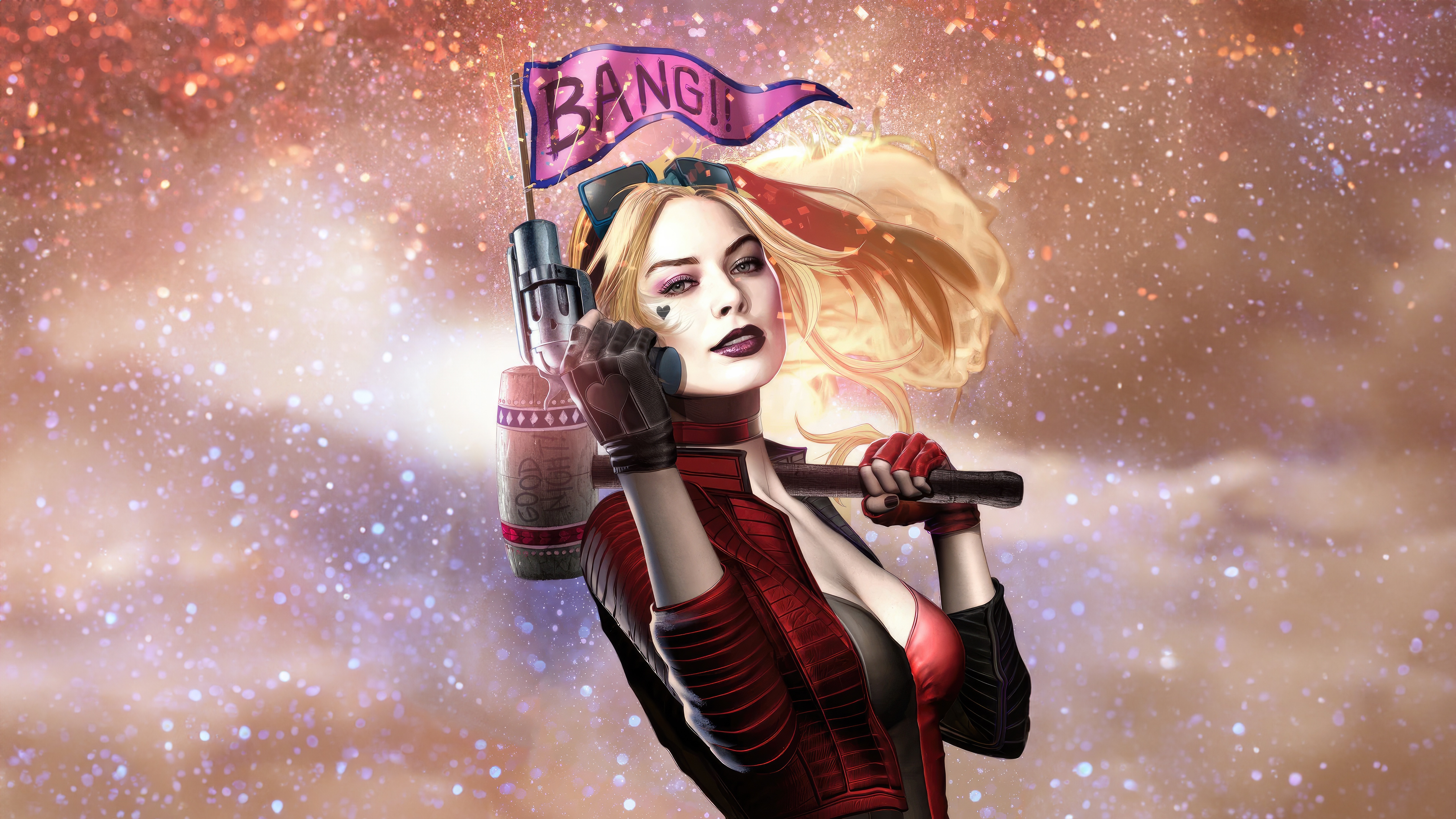 Harley Quinn with a "Bang!" flag and hammer HD Wallpaper
