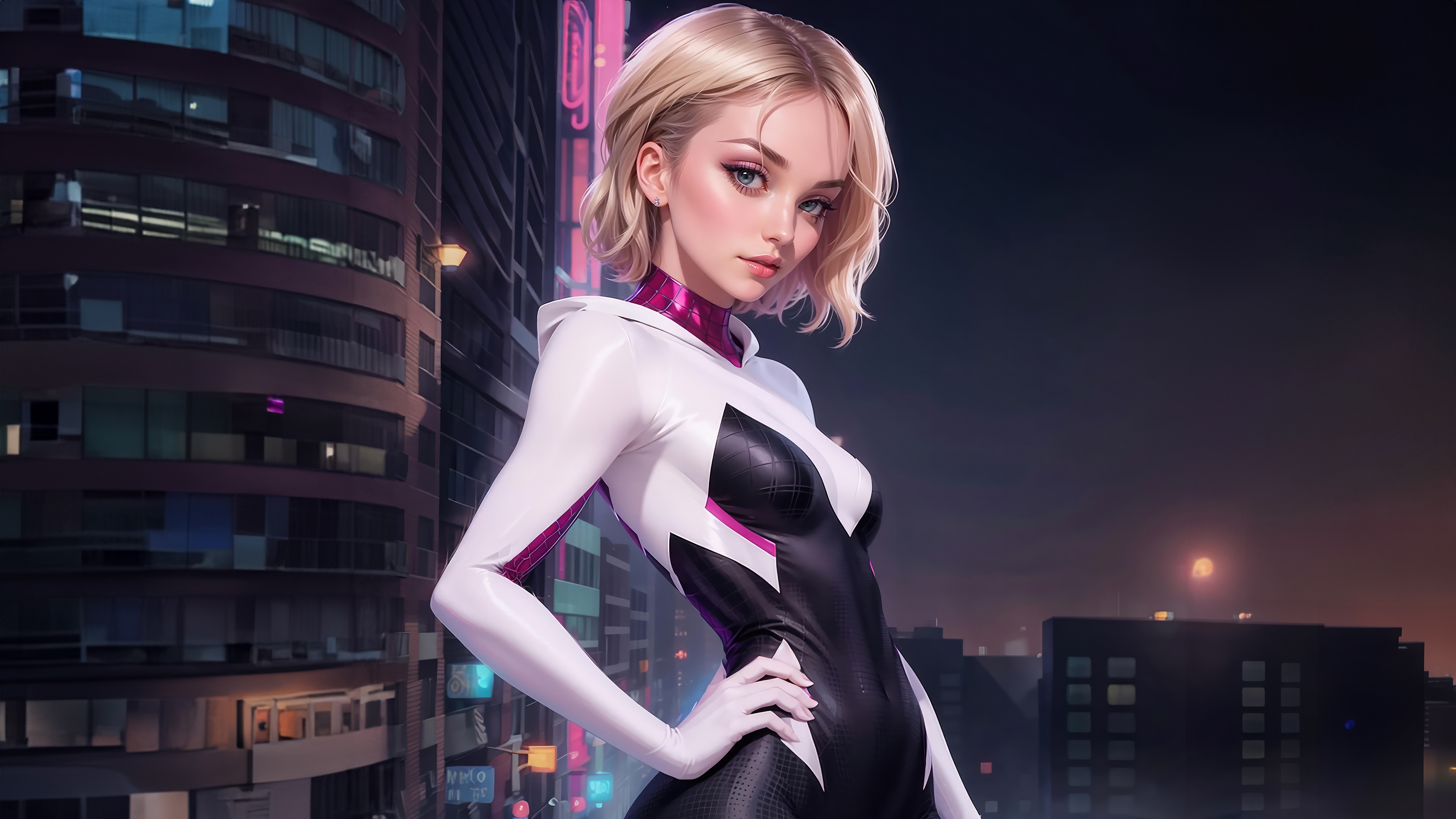 Gwen Stacy in Spider-Gwen costume in a city at night HD Wallpaper