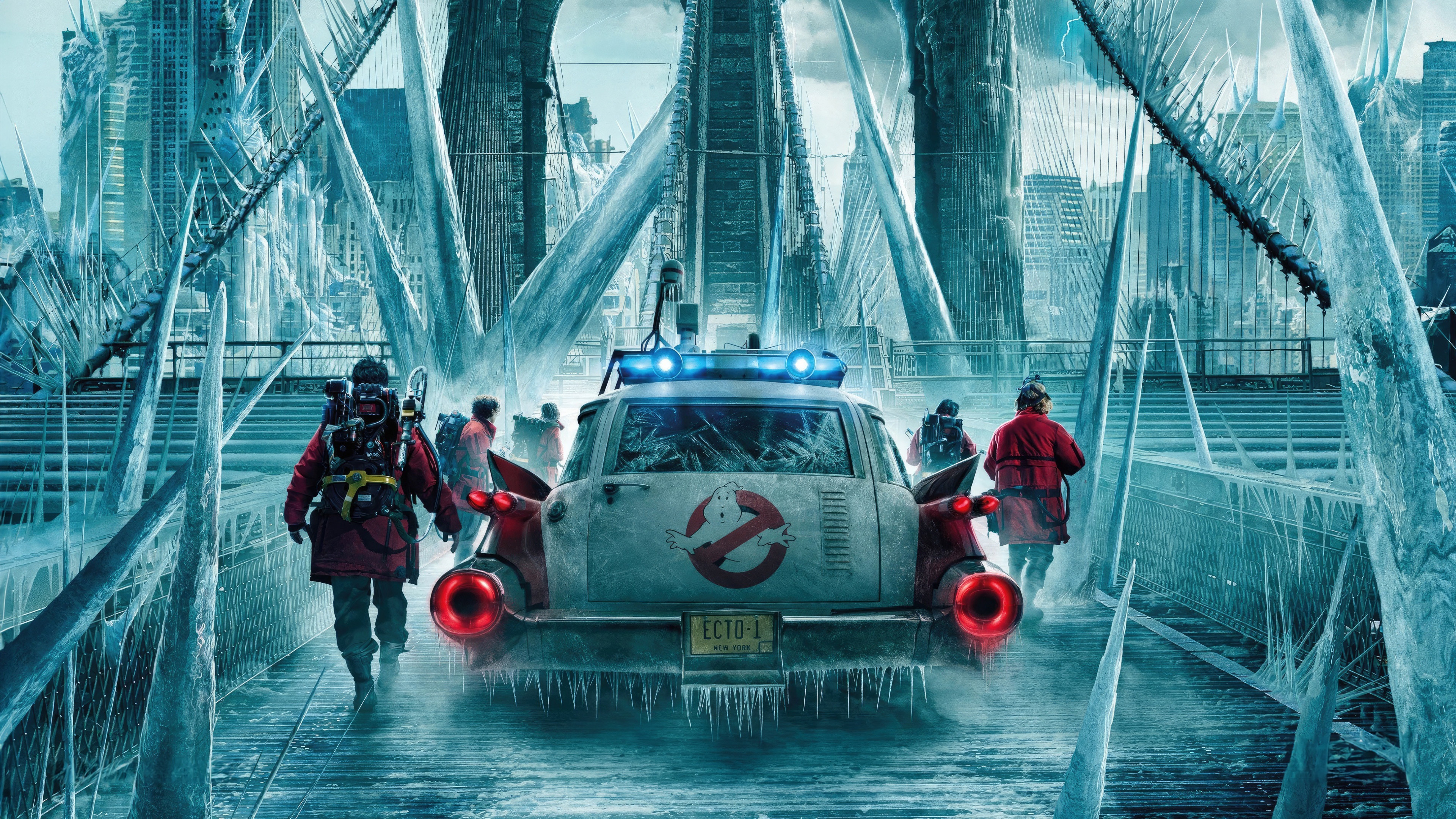 Ghostbusters Frozen Empire Ecto-1 on Frozen Bridge HD Wallpaper