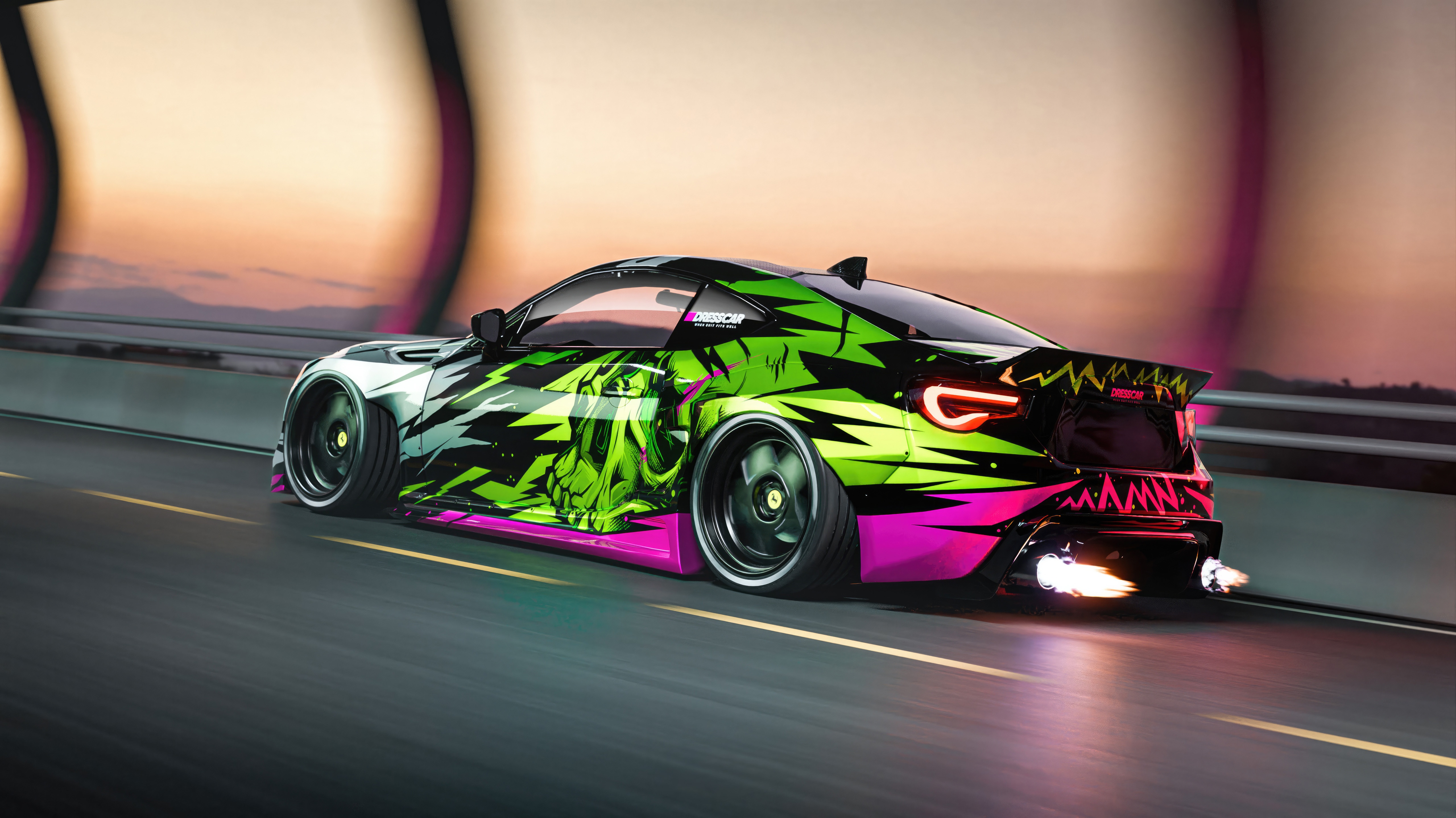 Toyota GT86 with a neon green and pink graphic wrap HD Wallpaper