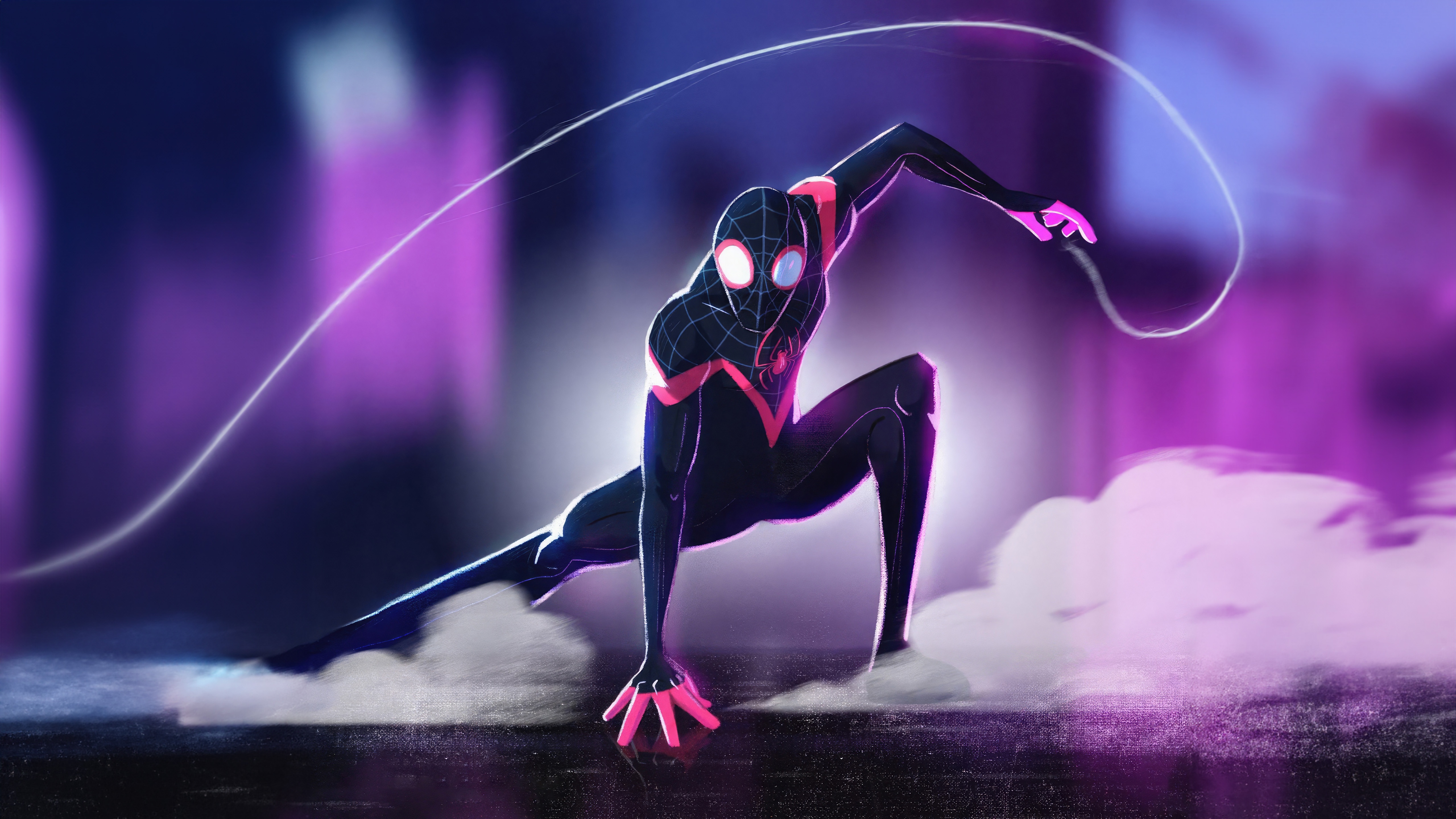 Miles Morales in a dynamic pose with a web HD Wallpaper