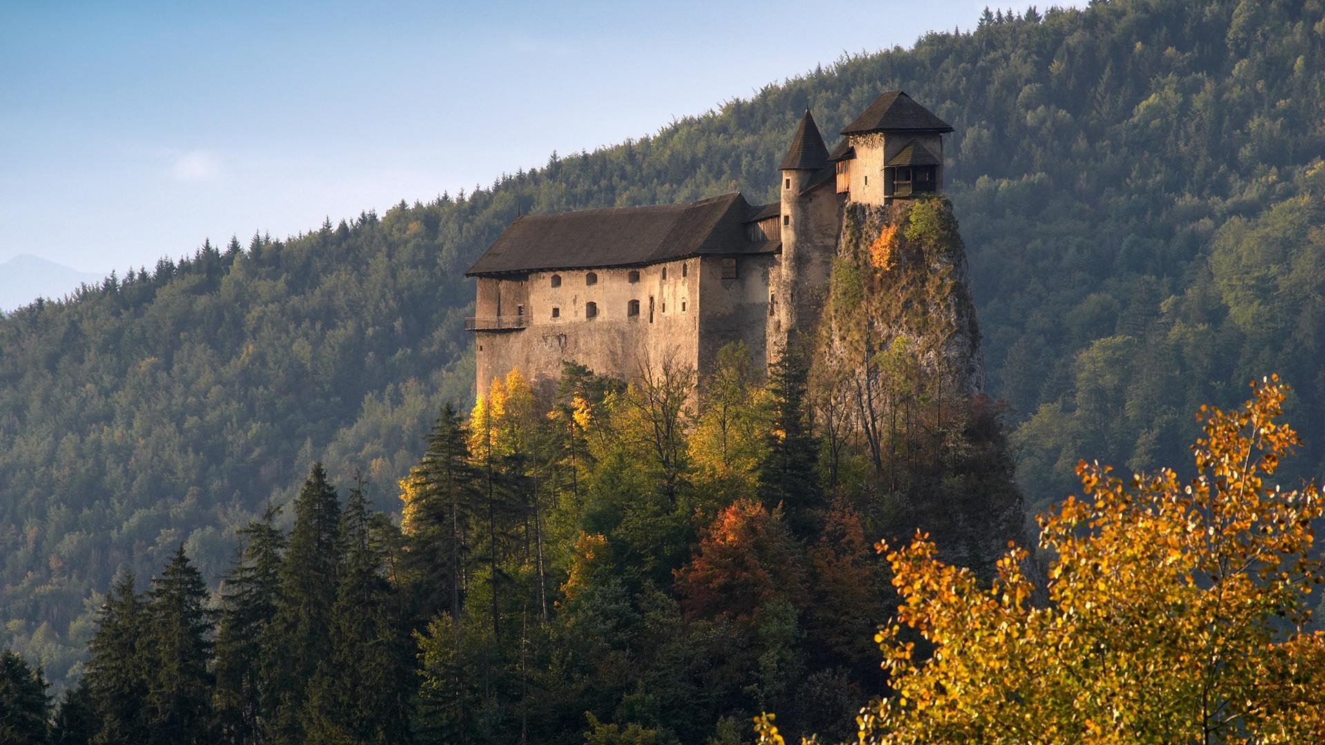 Slovak Castle on Rocky Hill in Autumn Forest HD Wallpaper