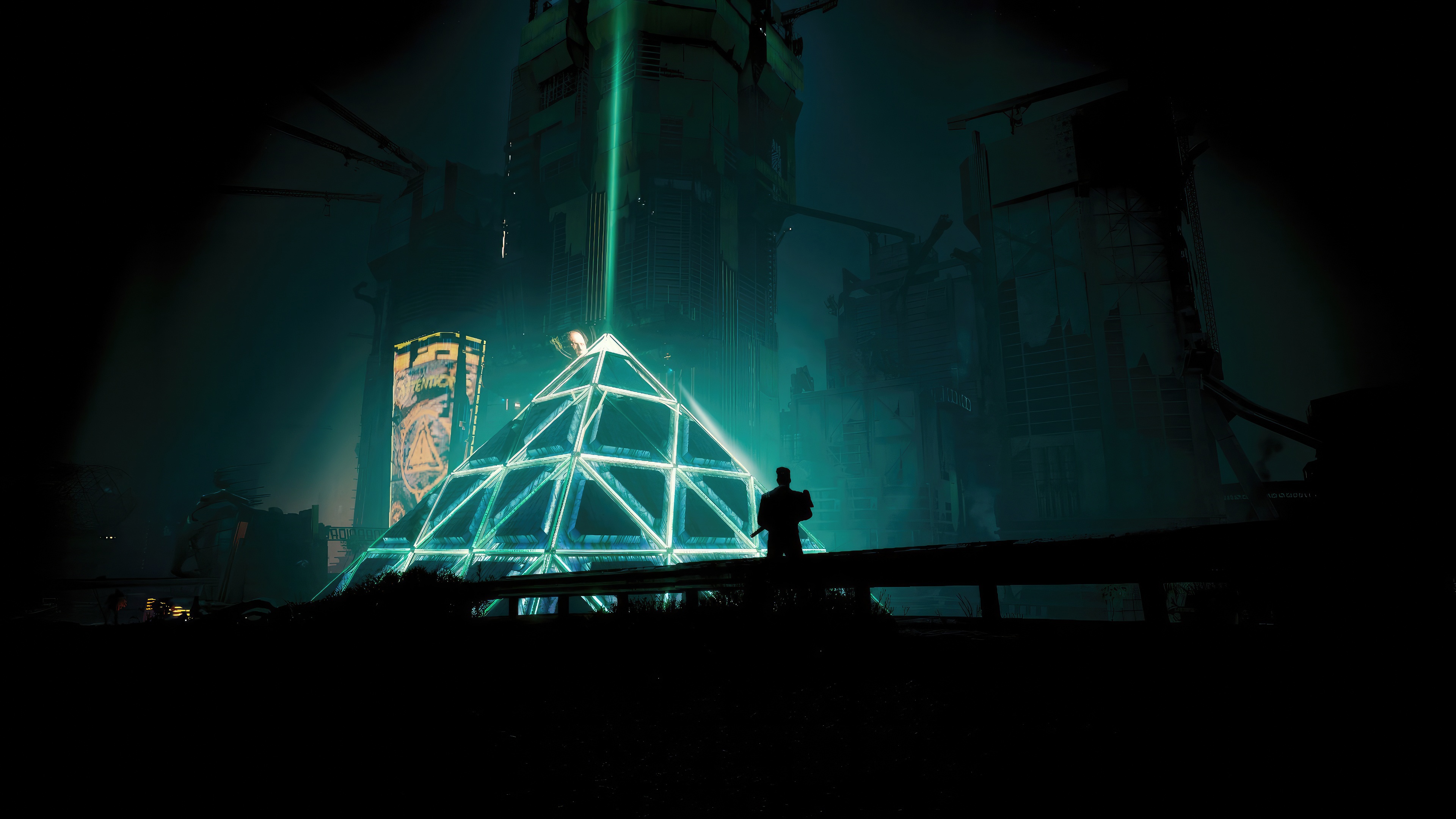 Cyberpunk 2077 pyramid with green beam HD Wallpaper
