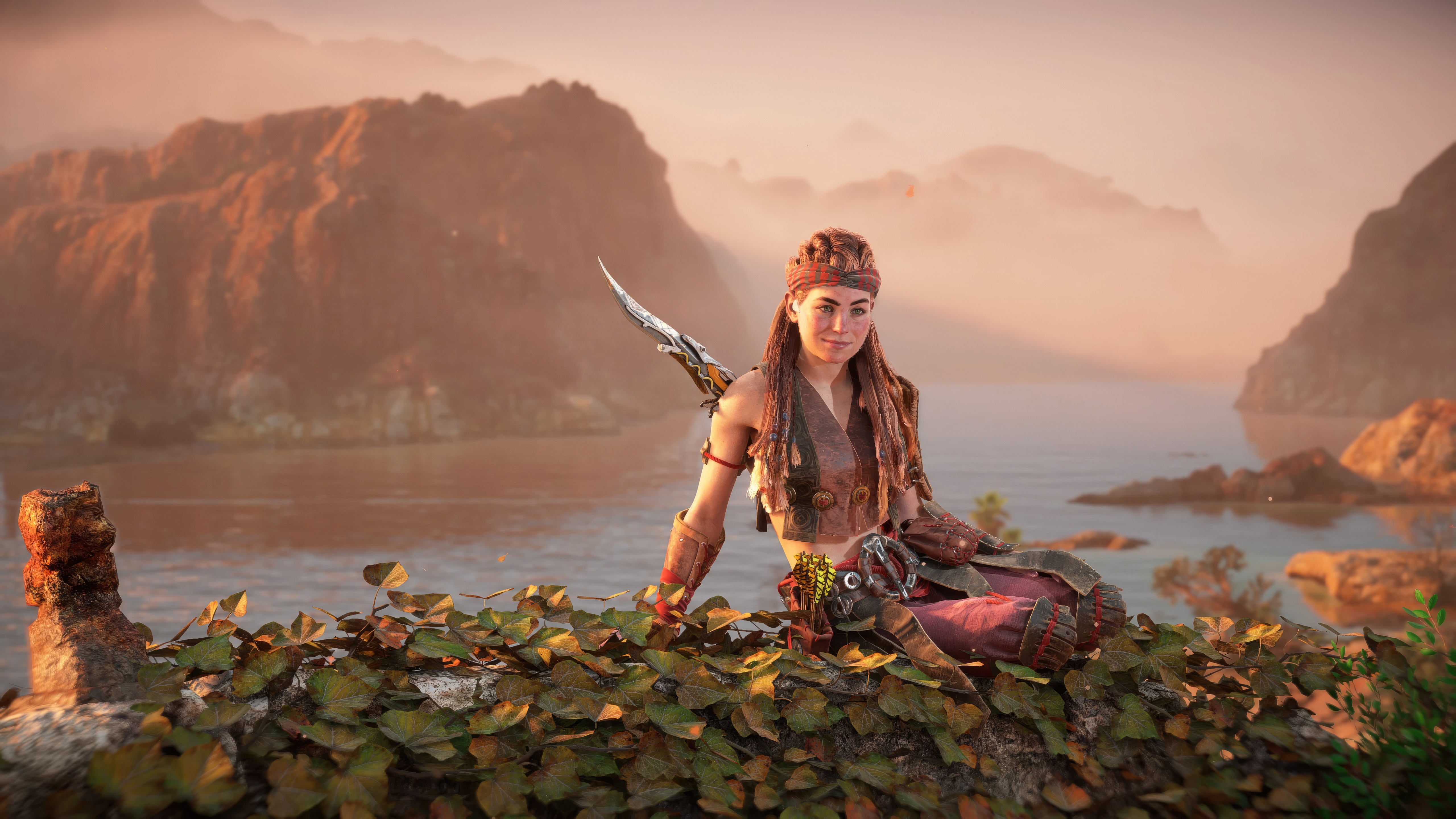 Horizon Forbidden West Aloy sitting by water HD Wallpaper