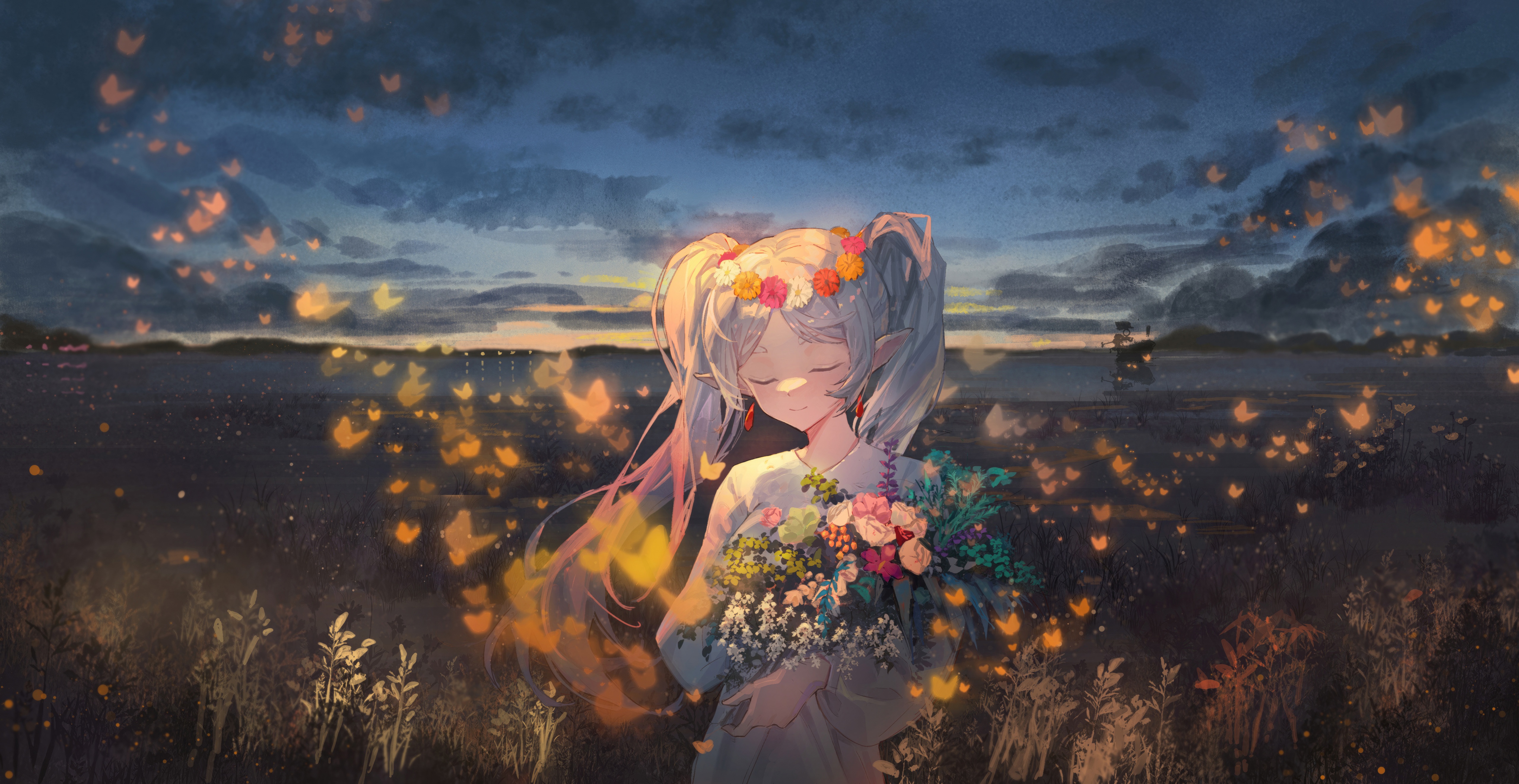 Frieren with Flowers and Fireflies HD Wallpaper