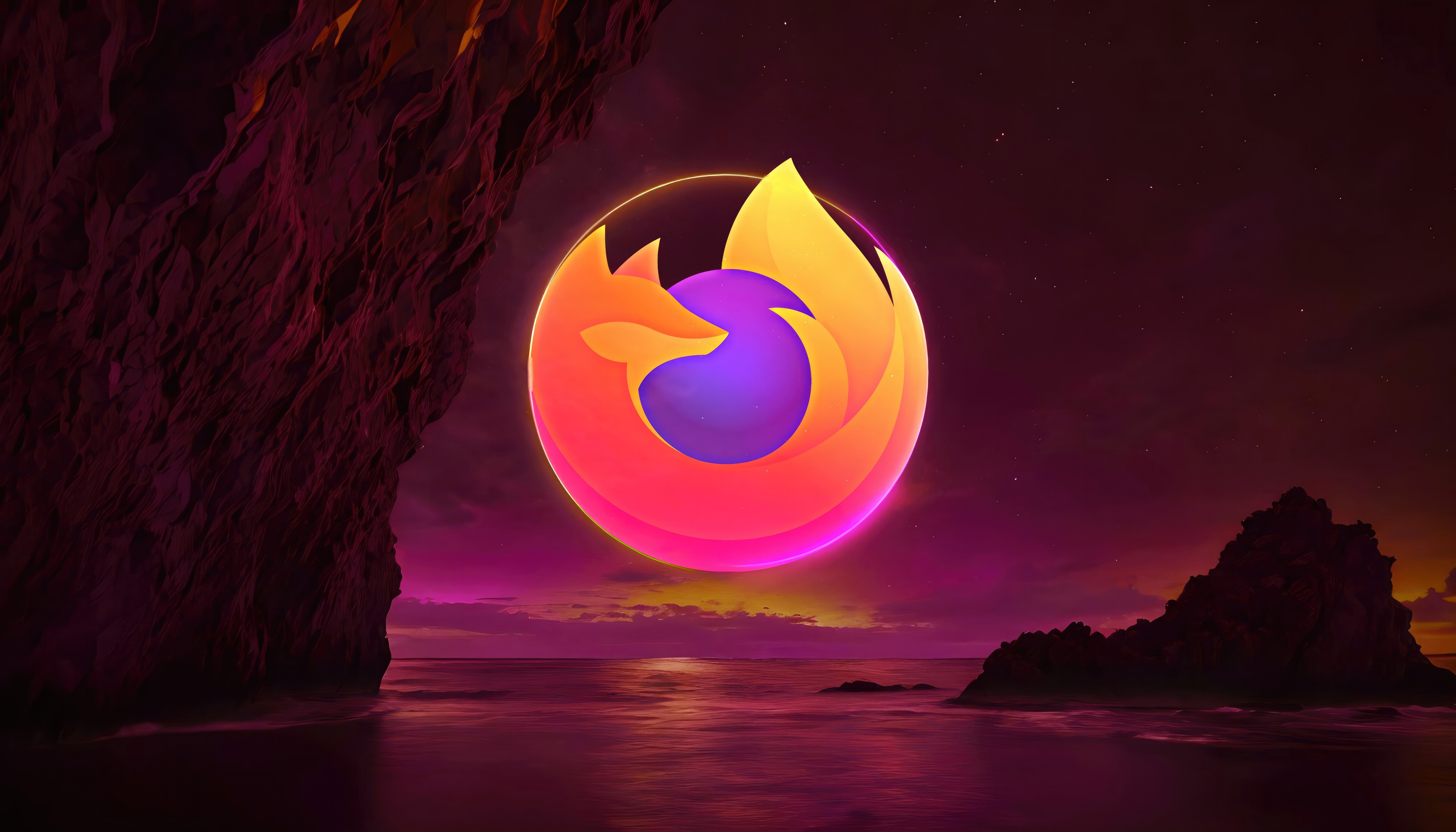 Firefox Browser Logo on a Rocky Shore HD Wallpaper