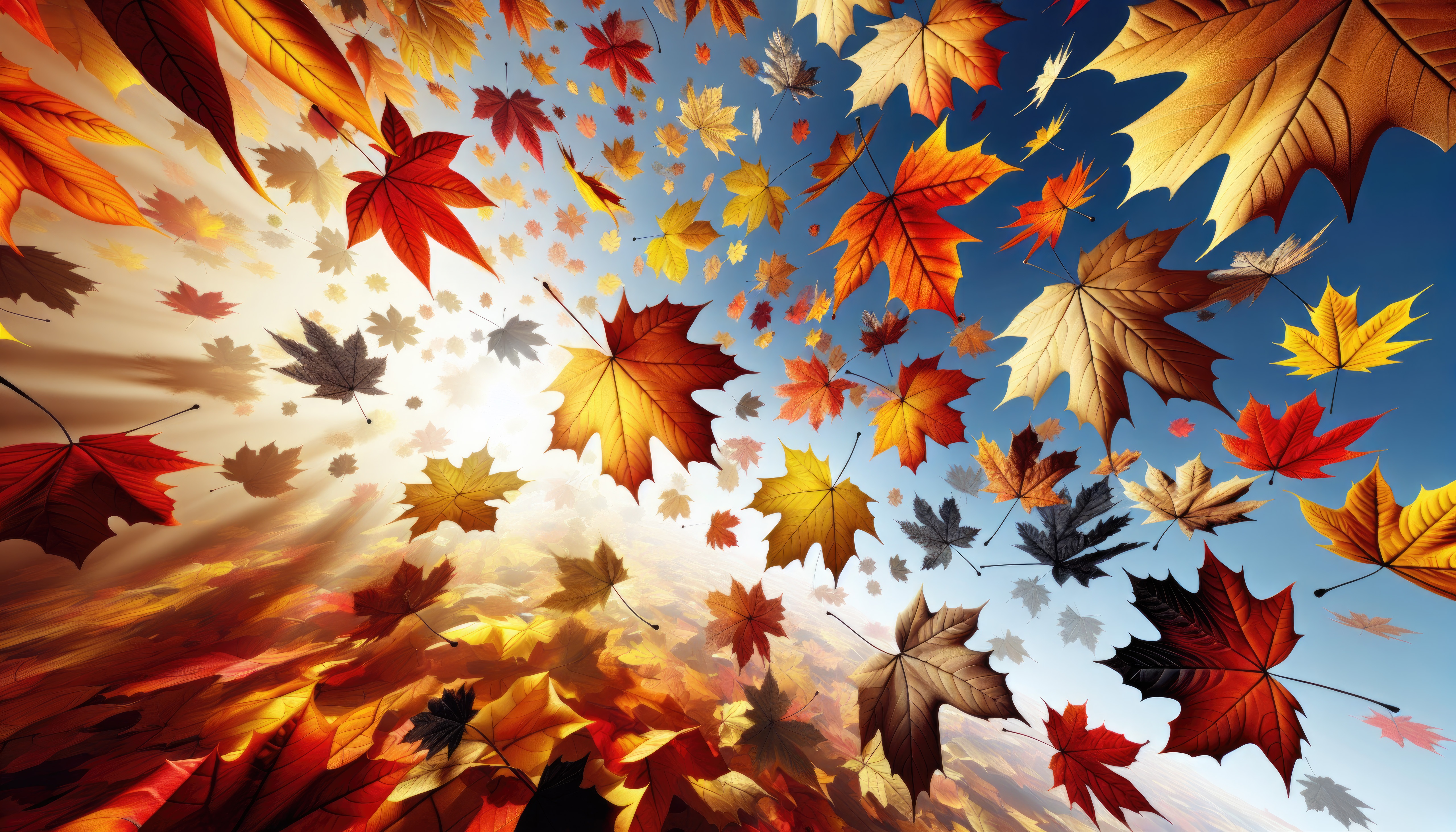 Falling Autumn Leaves in the Sky HD Wallpaper