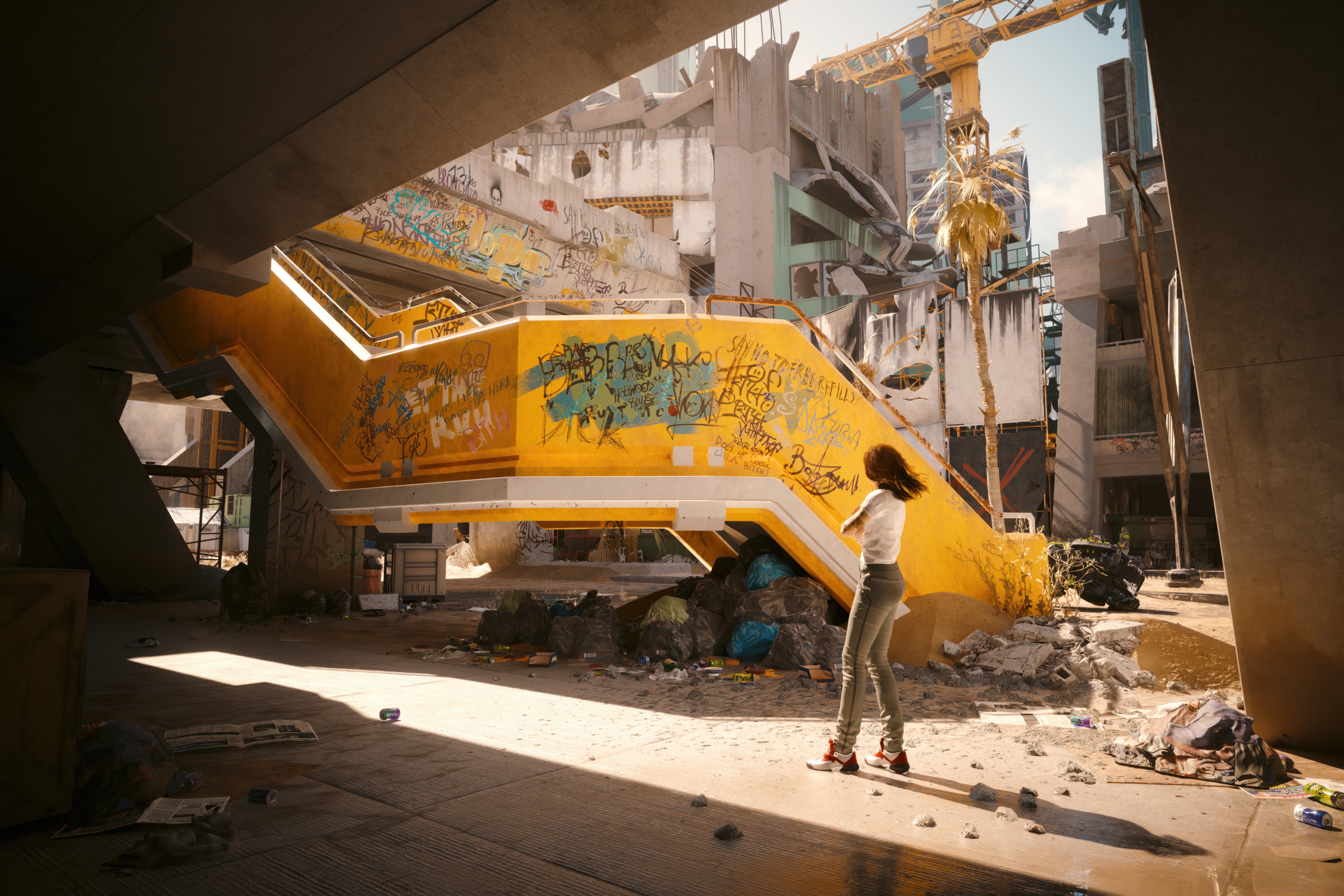 Cyberpunk 2077 abandoned construction site with graffiti HD Wallpaper