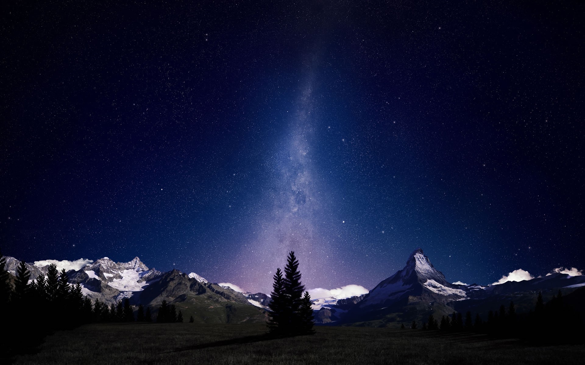 Night sky over mountains with Milky Way and pine trees HD Wallpaper