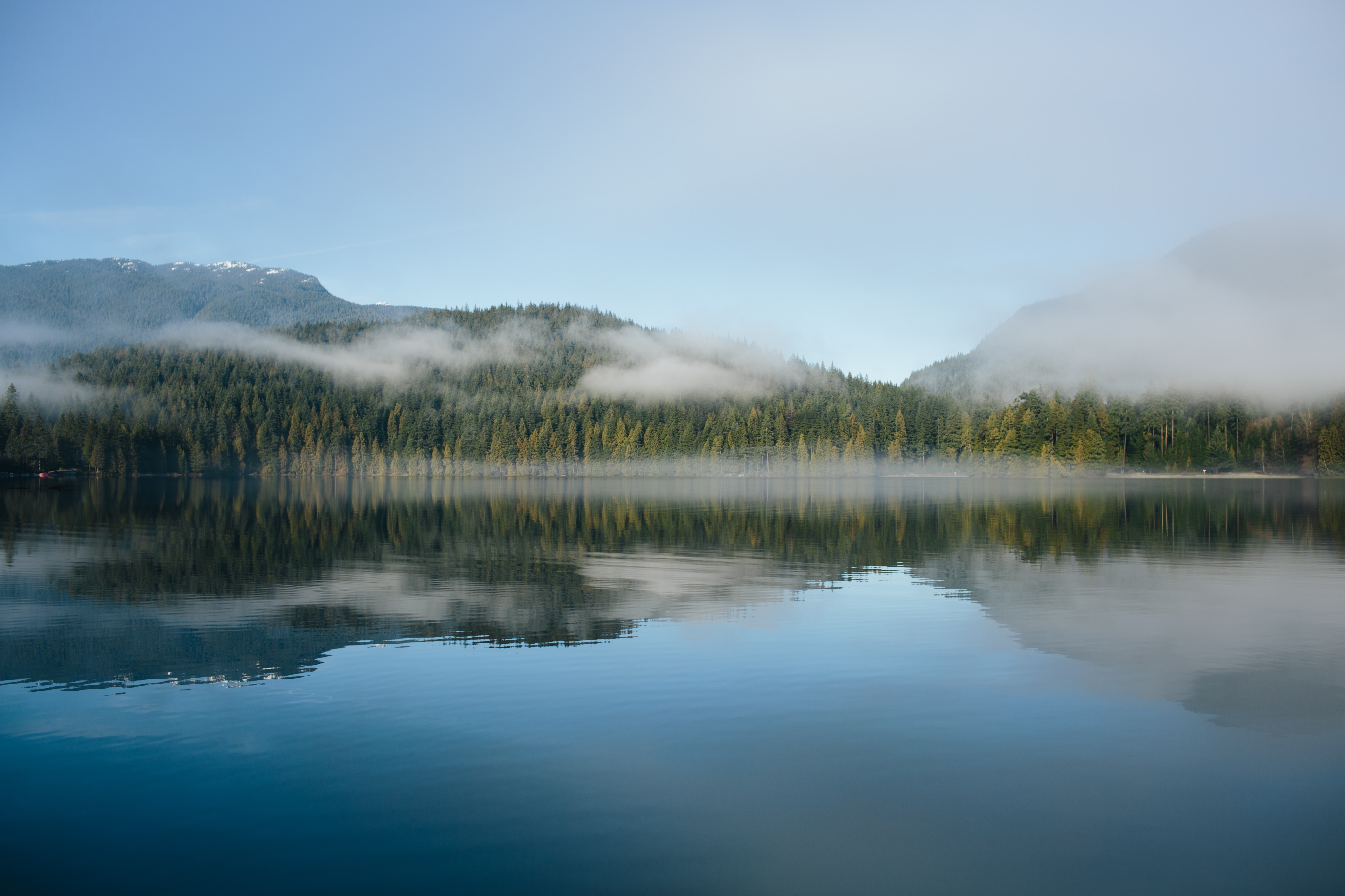 Misty Forest and Mountains Reflected in Calm Lake HD Wallpaper