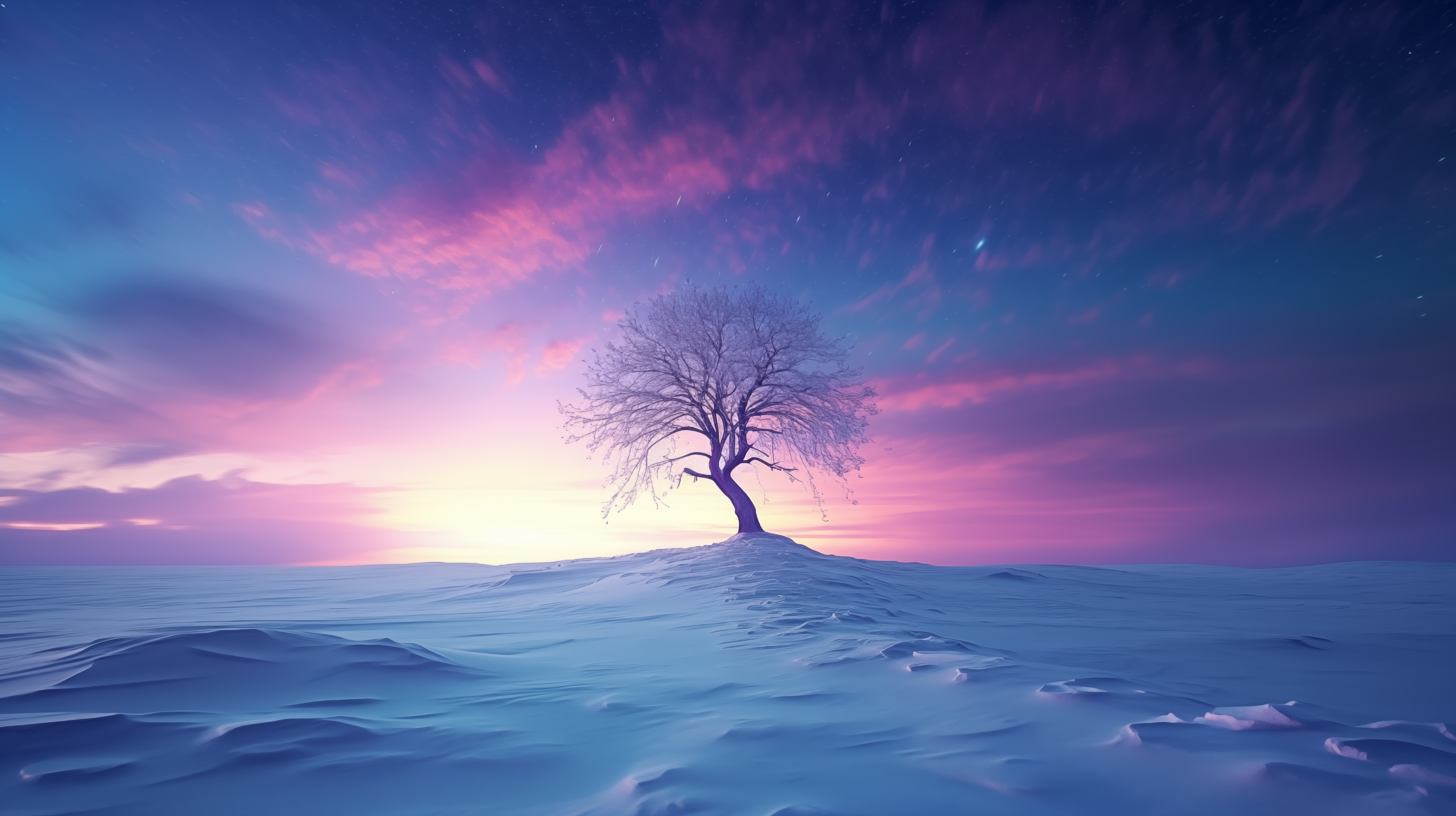 A solitary snow-covered tree on a snowy hill under a colorful sky HD Wallpaper