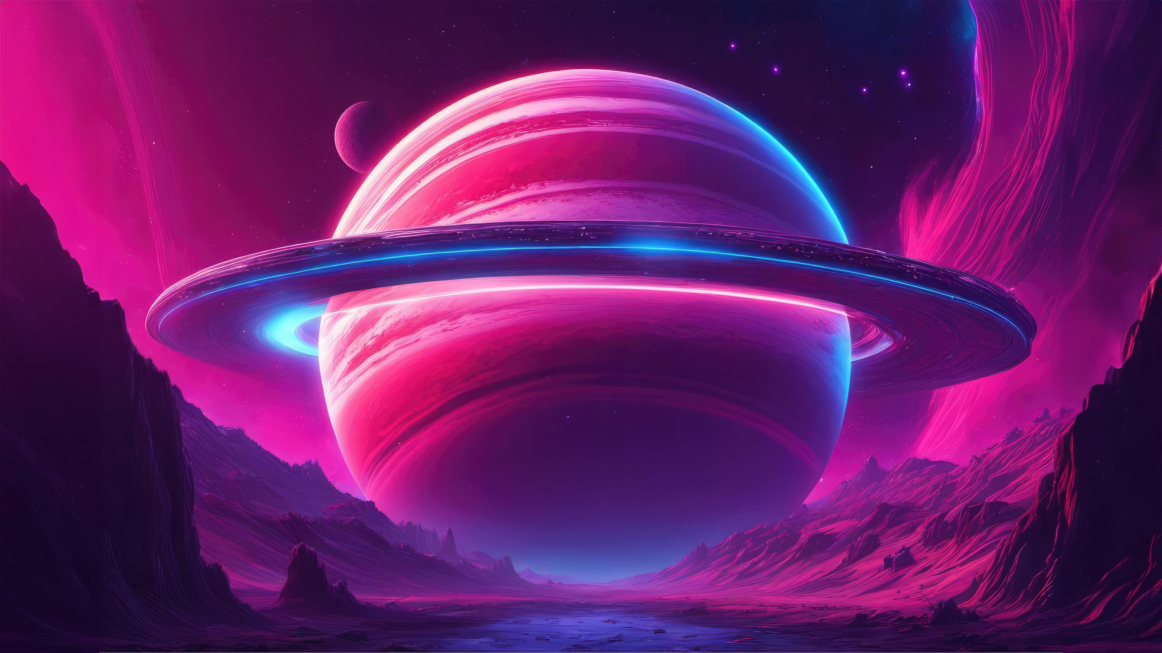 Giant Planet with Rings in Sci-Fi Synthwave Landscape HD Wallpaper