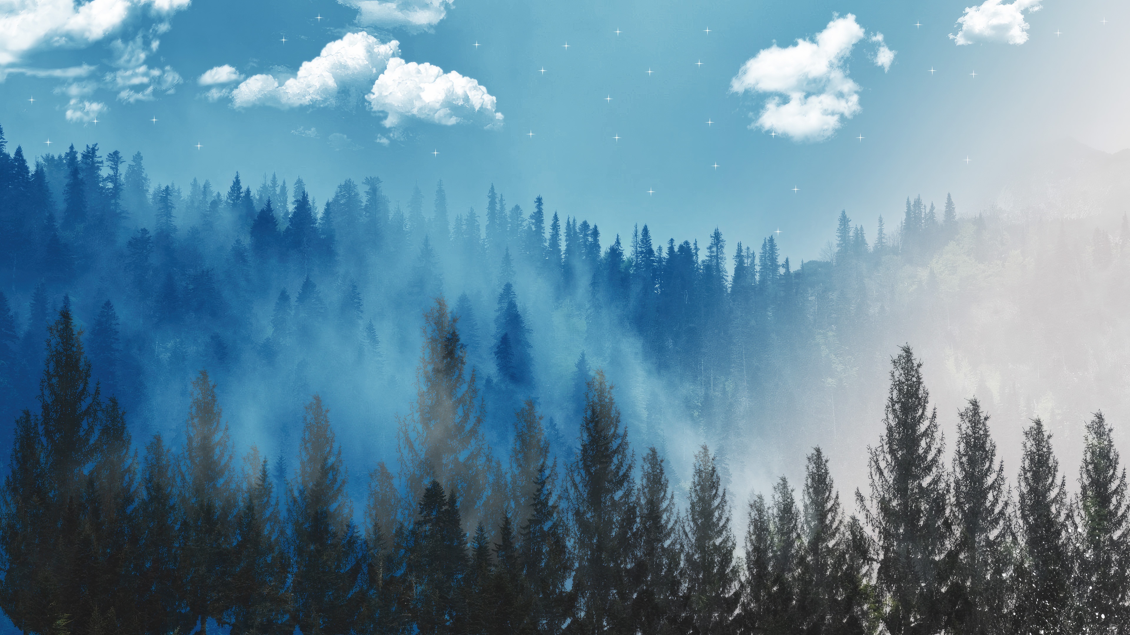 Misty Forest with Clouds and Stars HD Wallpaper