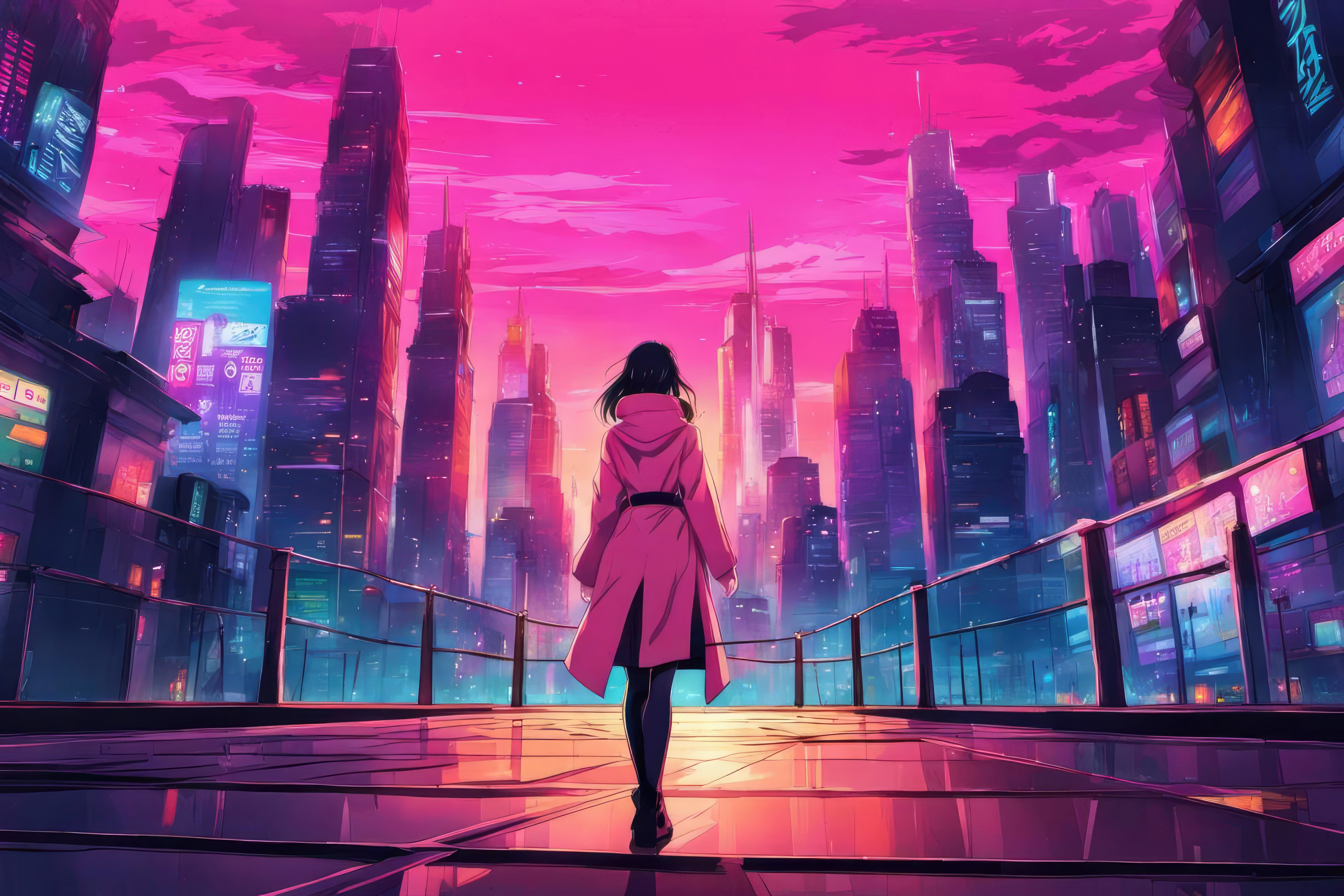 Woman in pink coat in a cyberpunk city HD Wallpaper
