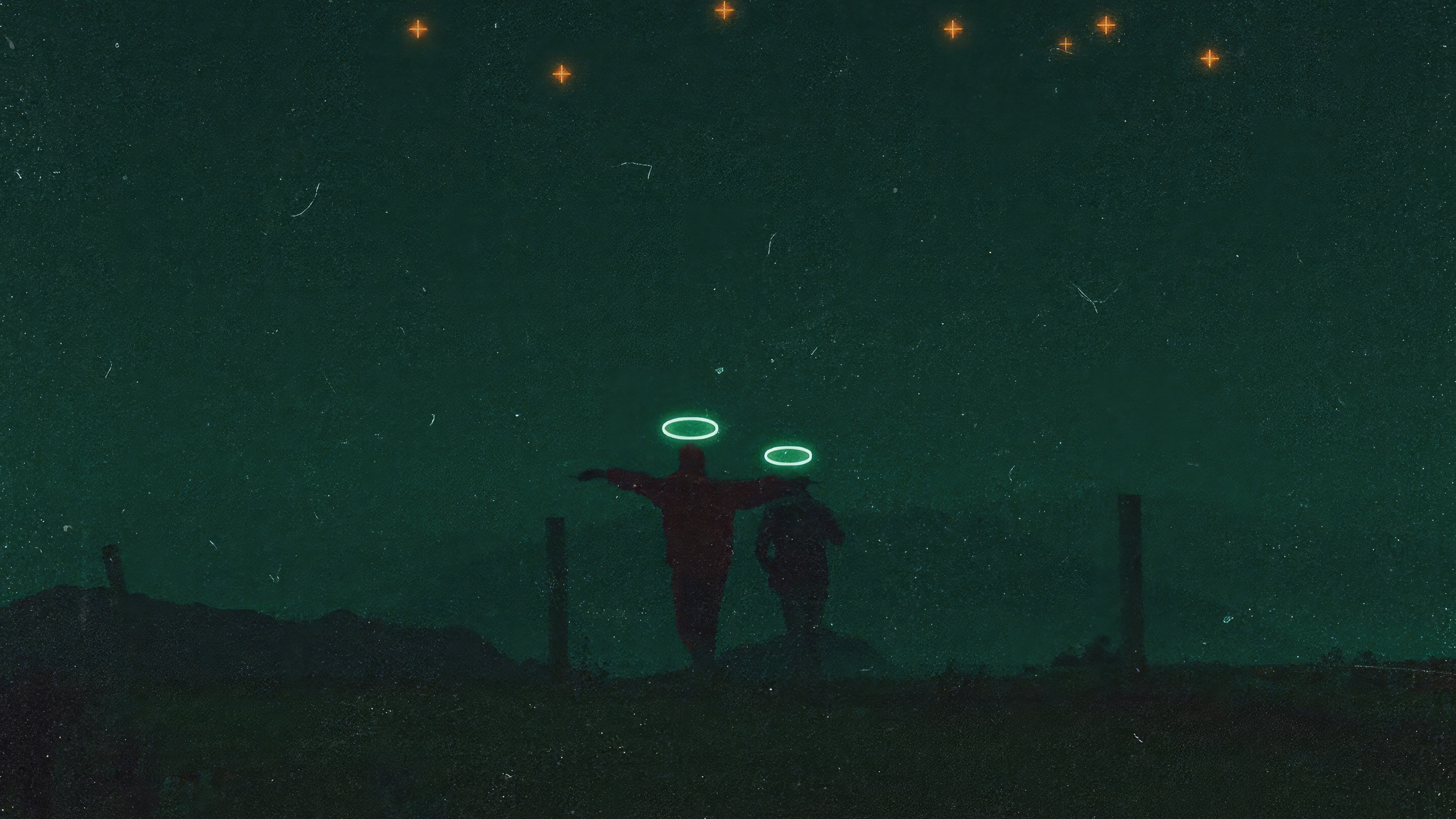 Two figures with halos under a starry night sky HD Wallpaper