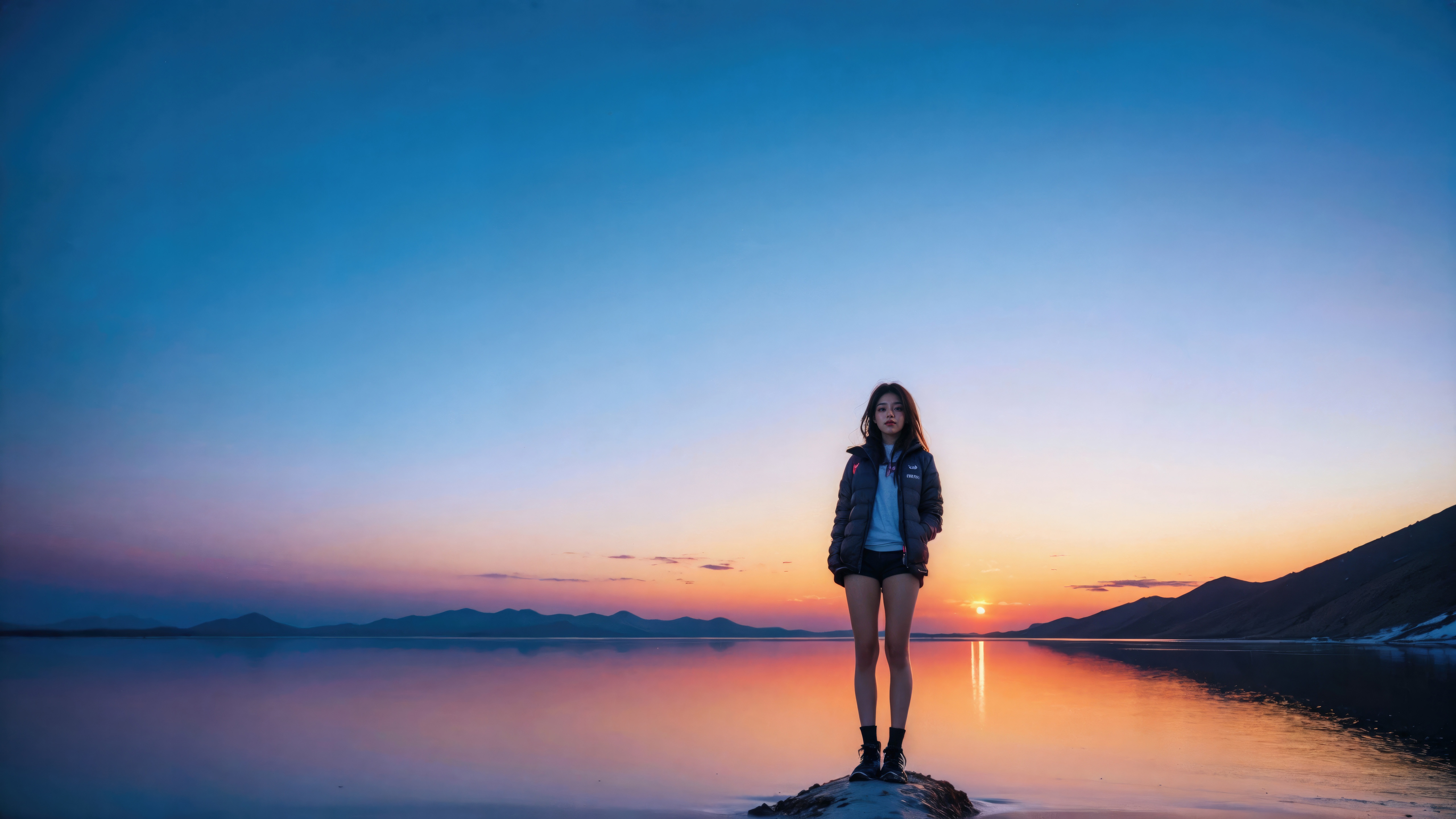 Girl standing on a rock in a lake at sunset HD Wallpaper