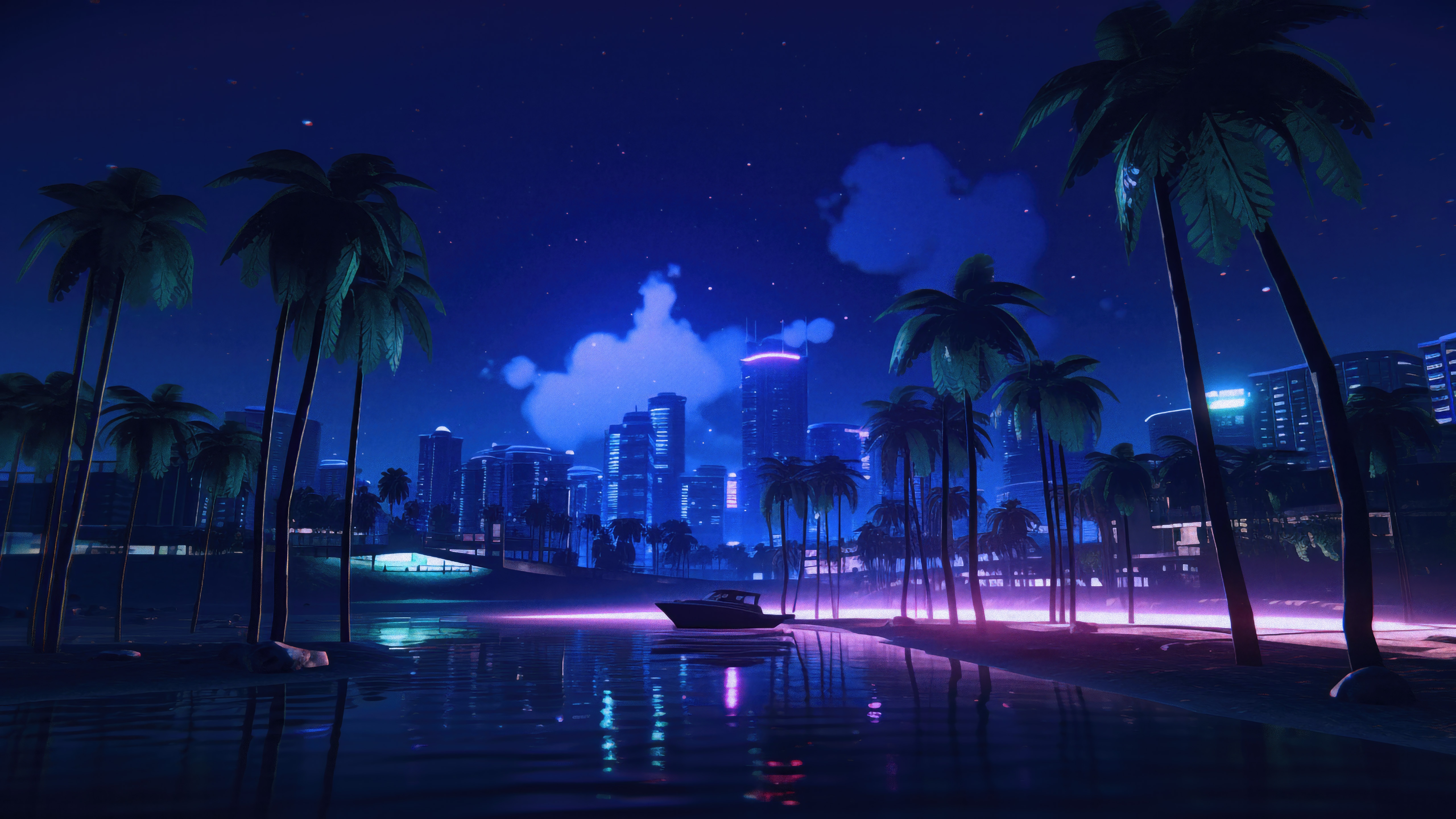 Vice City at night with palm trees and a boat HD Wallpaper