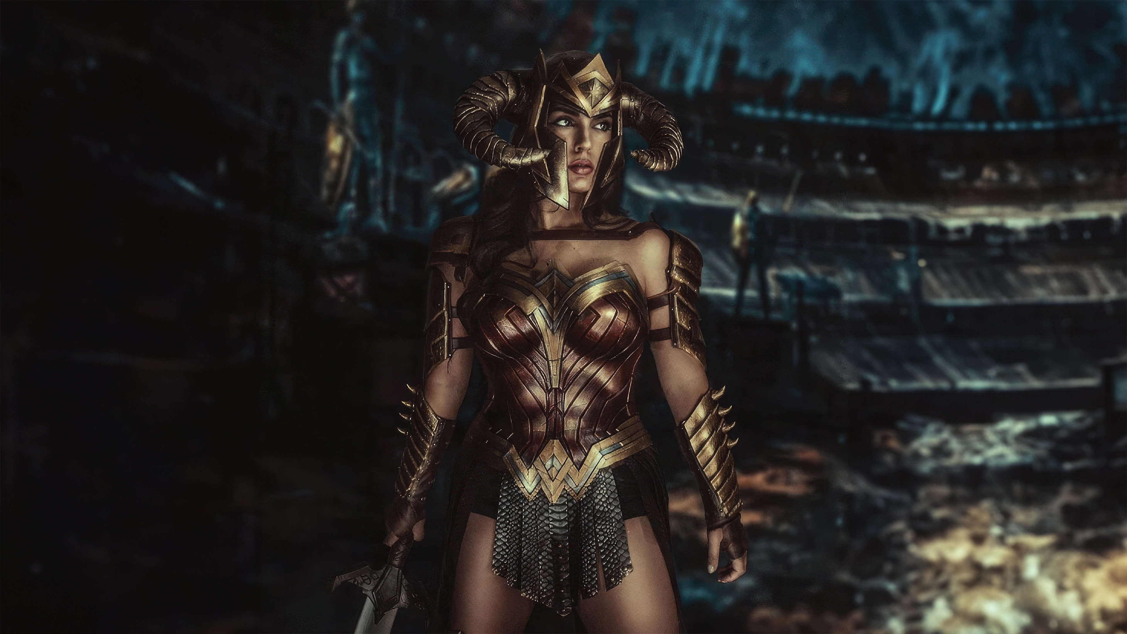 Wonder Woman Cosplay with Horned Helmet HD Wallpaper