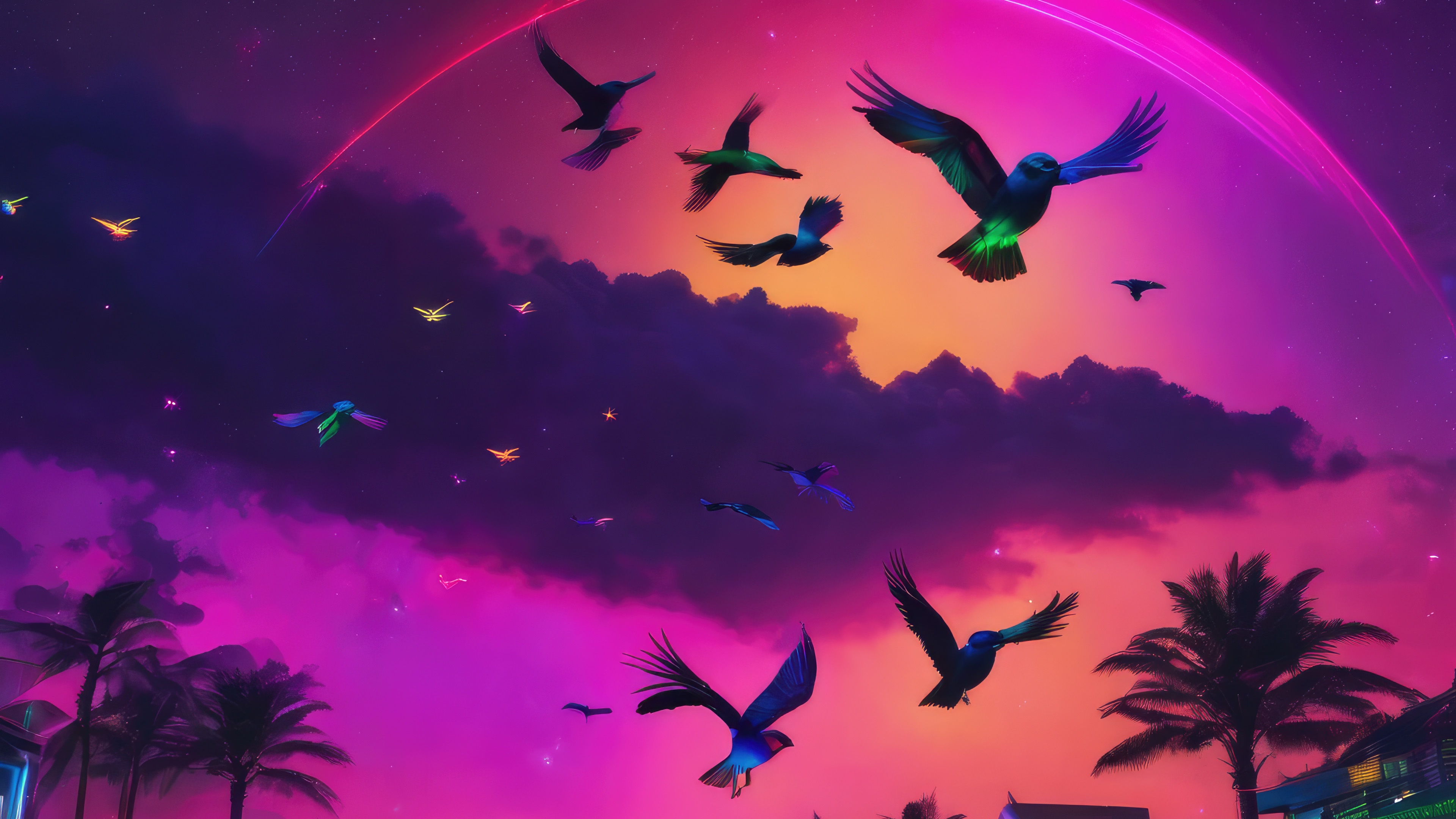 Sci-fi birds flying in a neon sky HD Wallpaper