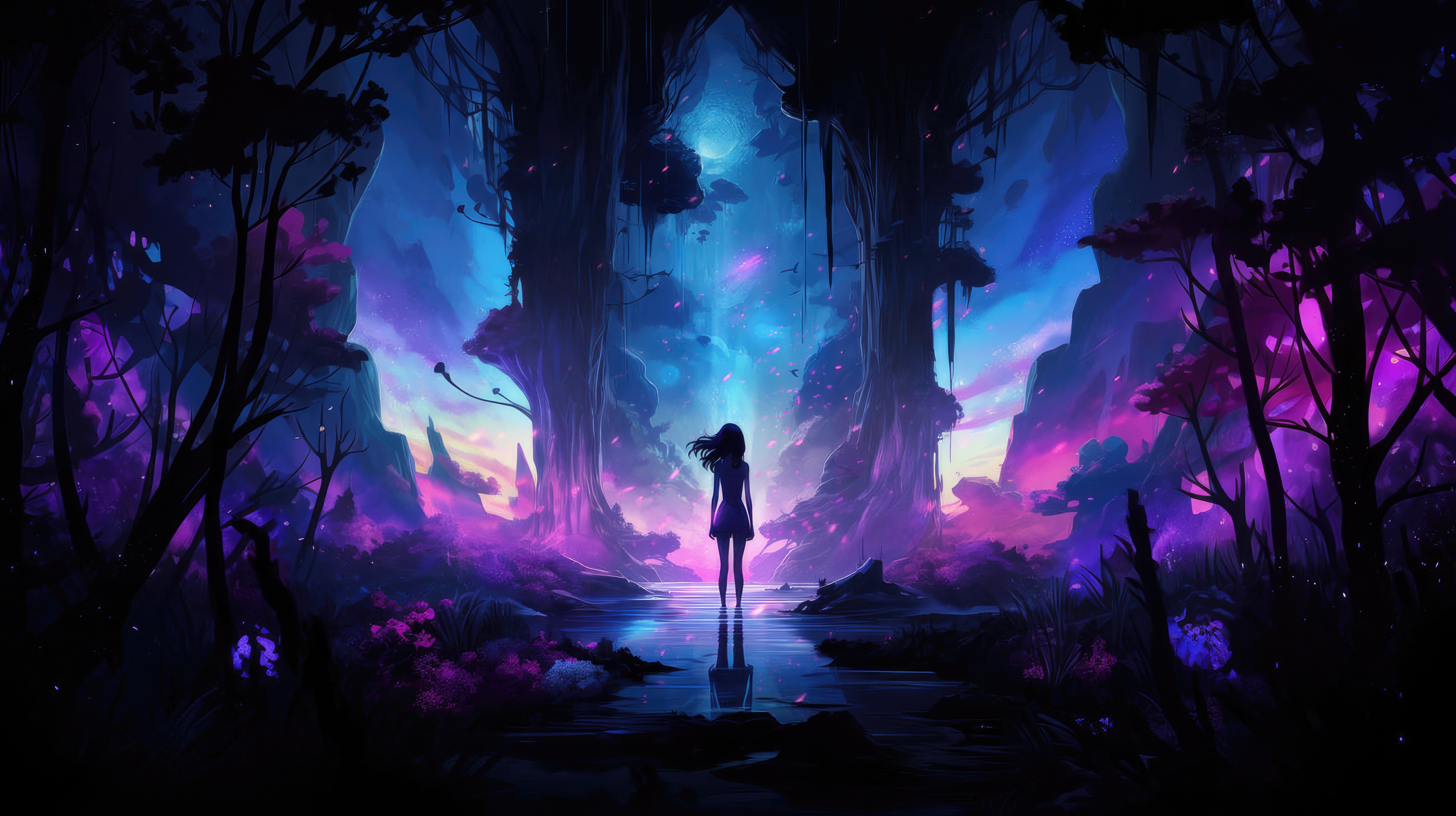 A lone figure stands in a mystical, glowing forest. HD Wallpaper