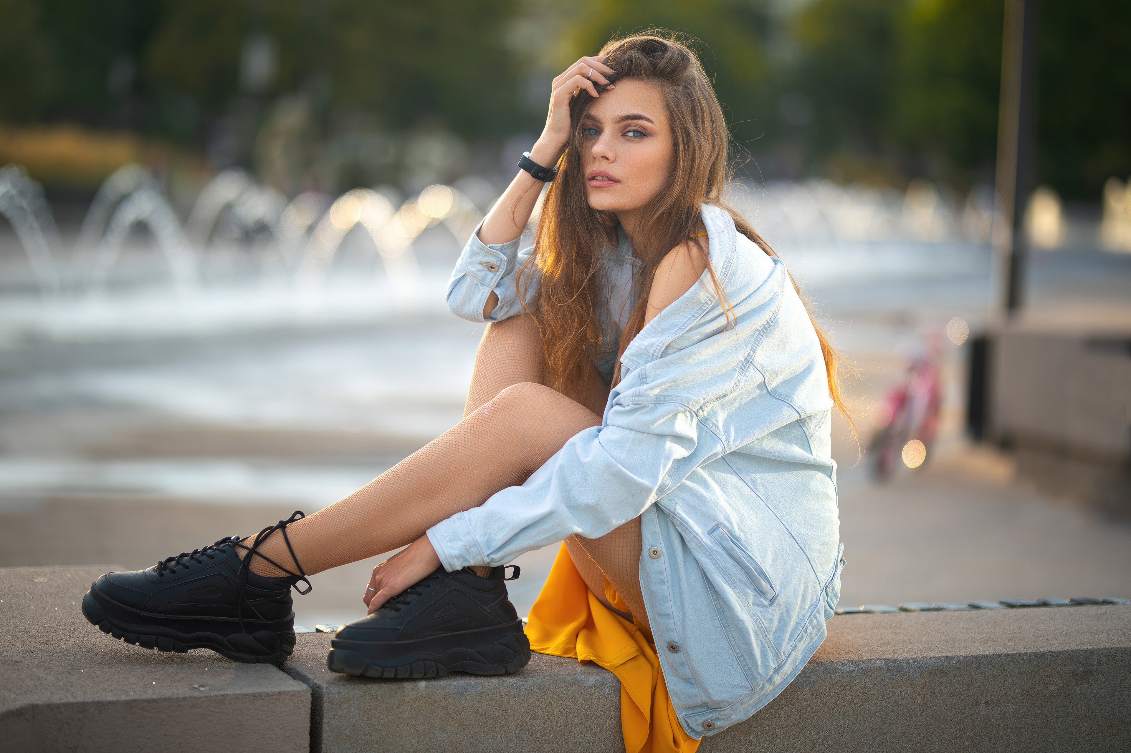 Girl in a denim jacket and yellow dress HD Wallpaper
