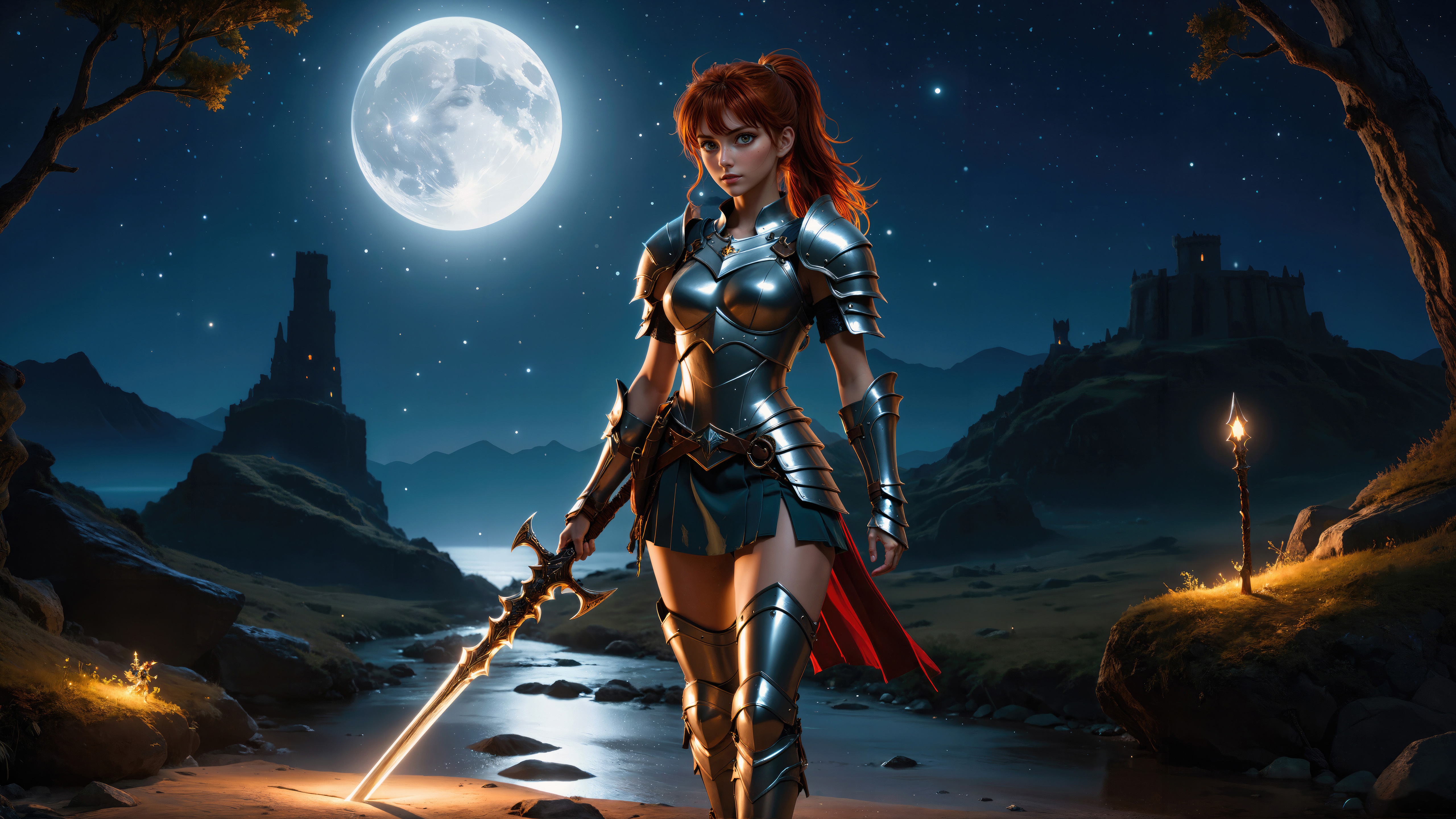 Knight Girl in Armor Holding a Glowing Sword Under the Moon HD Wallpaper
