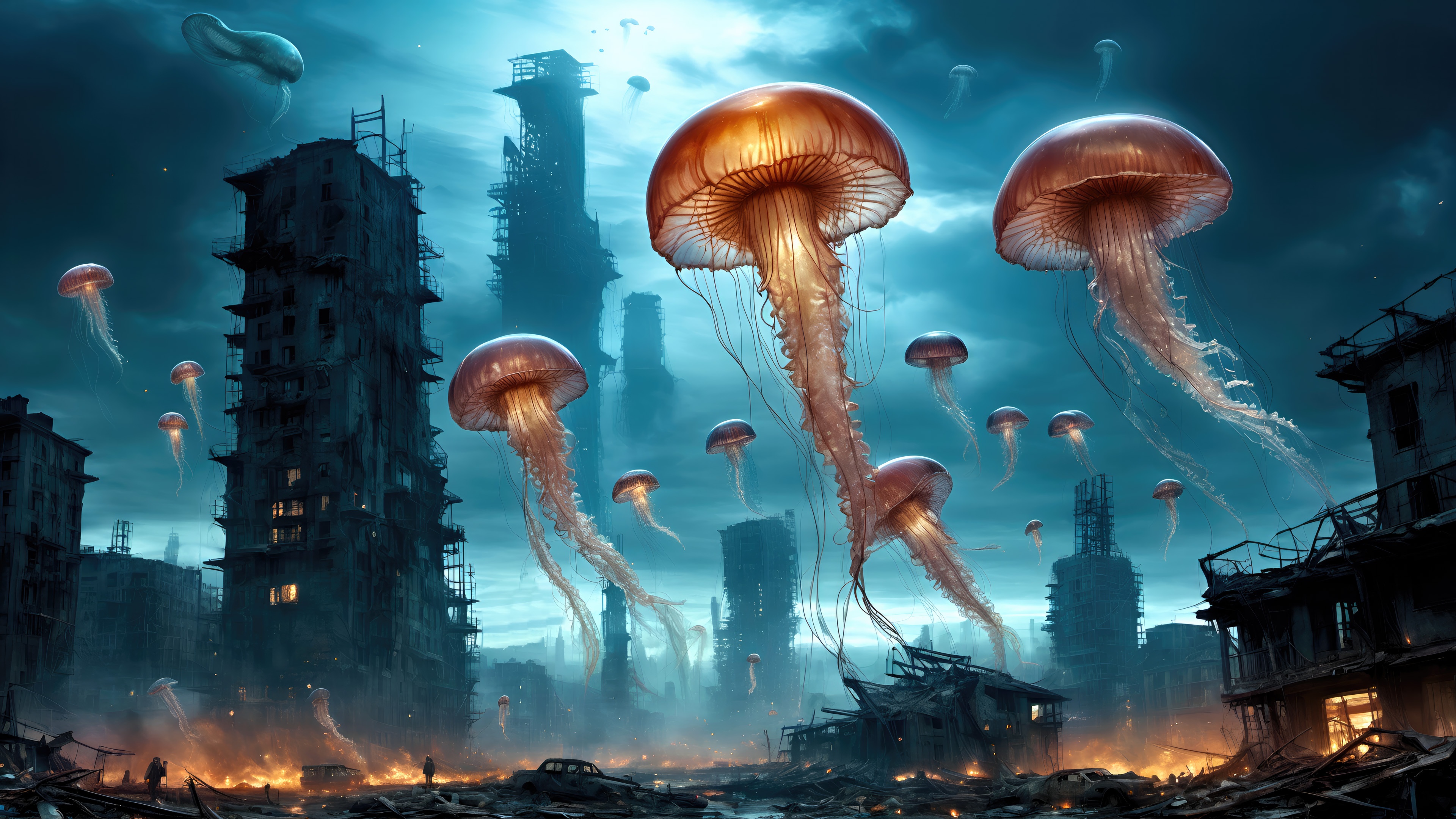 Giant Jellyfish Overlooking Ruined Cityscape HD Wallpaper