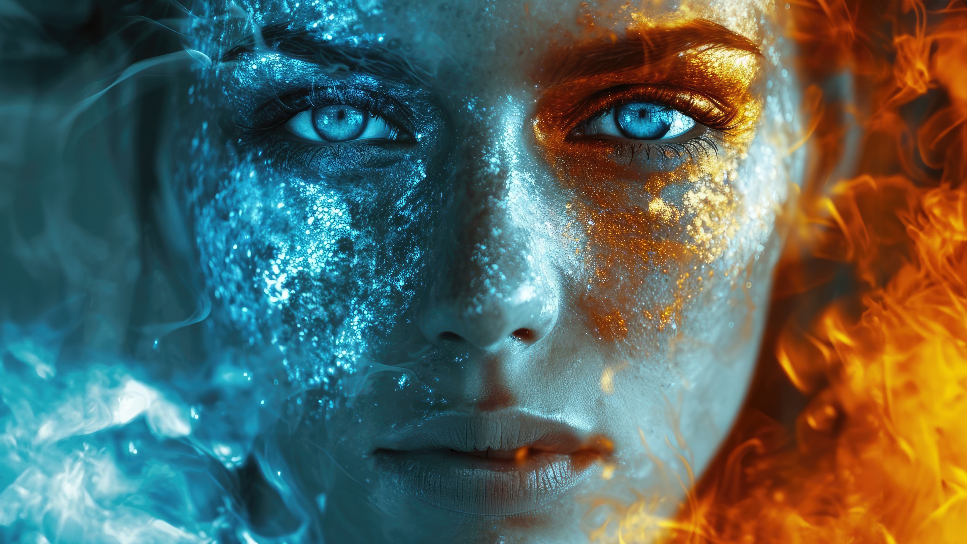 Woman with Fire and Ice Elements HD Wallpaper