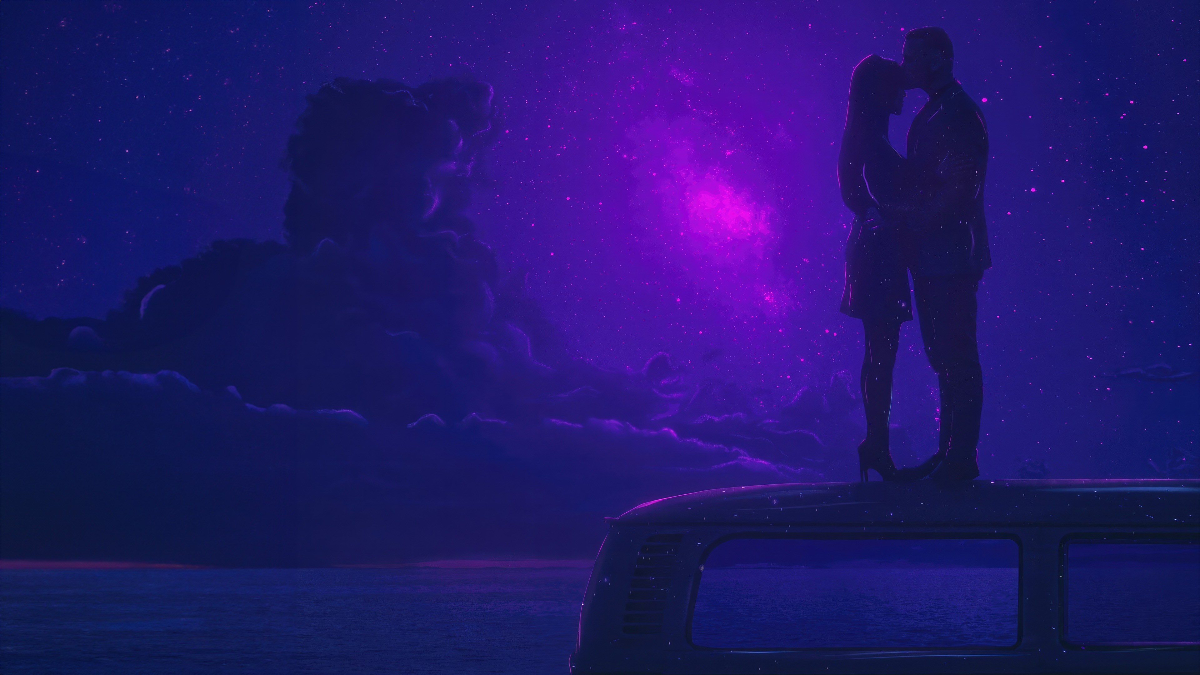 Couple on a van roof under a starry purple sky HD Wallpaper