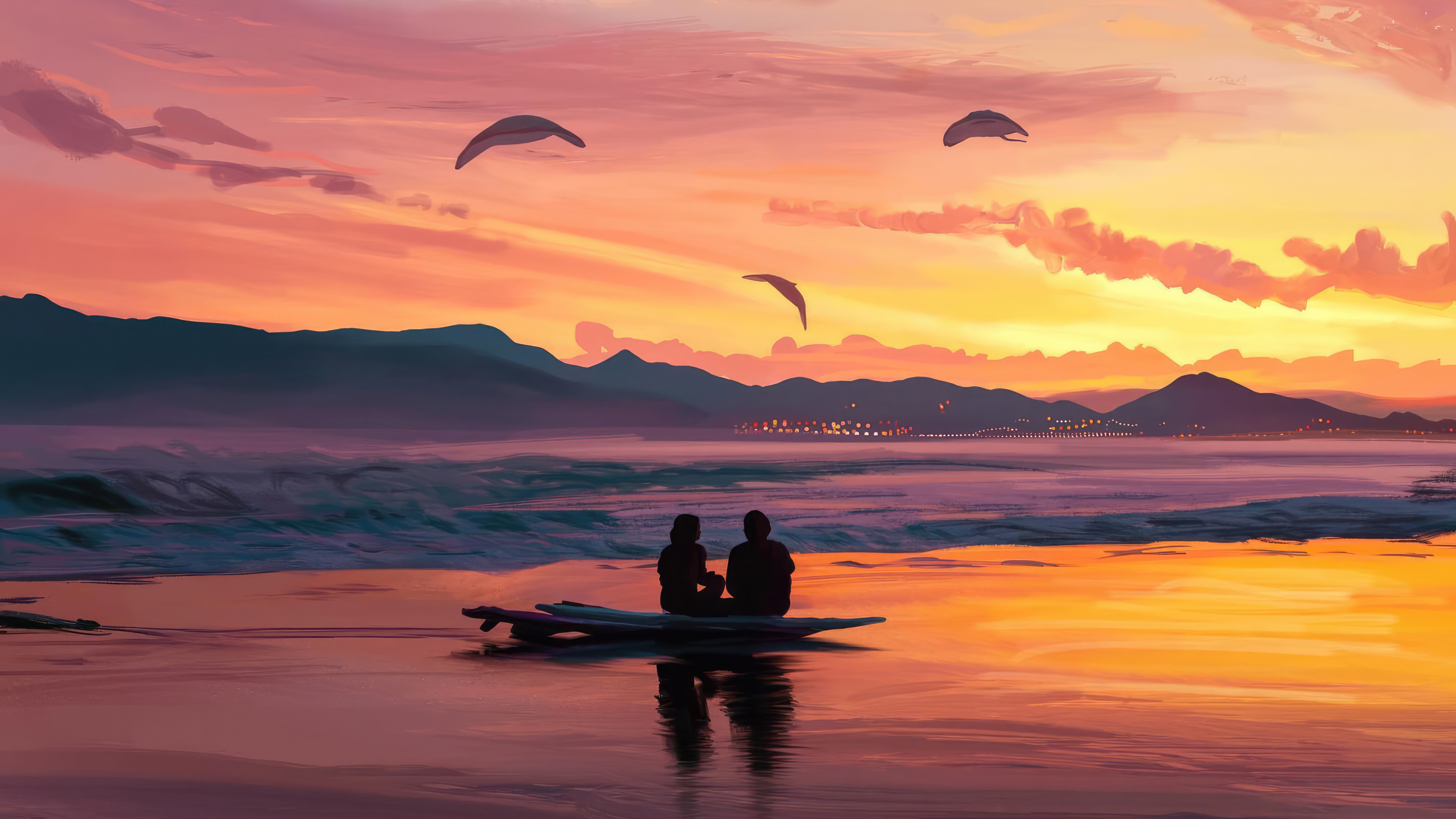 Couple on a surfboard watching an unusual sunset HD Wallpaper