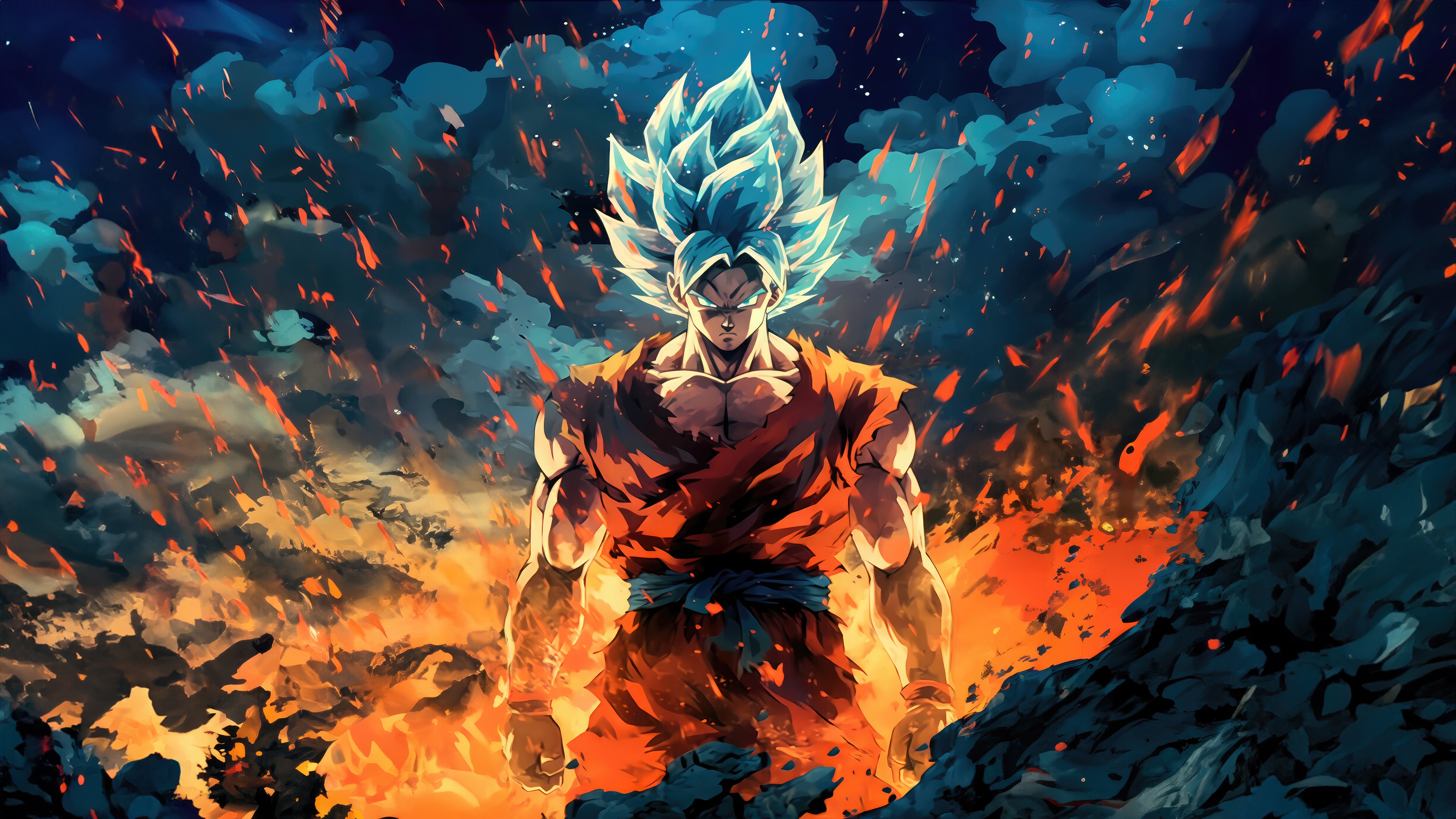 Goku in Super Saiyan Blue form amidst fire HD Wallpaper