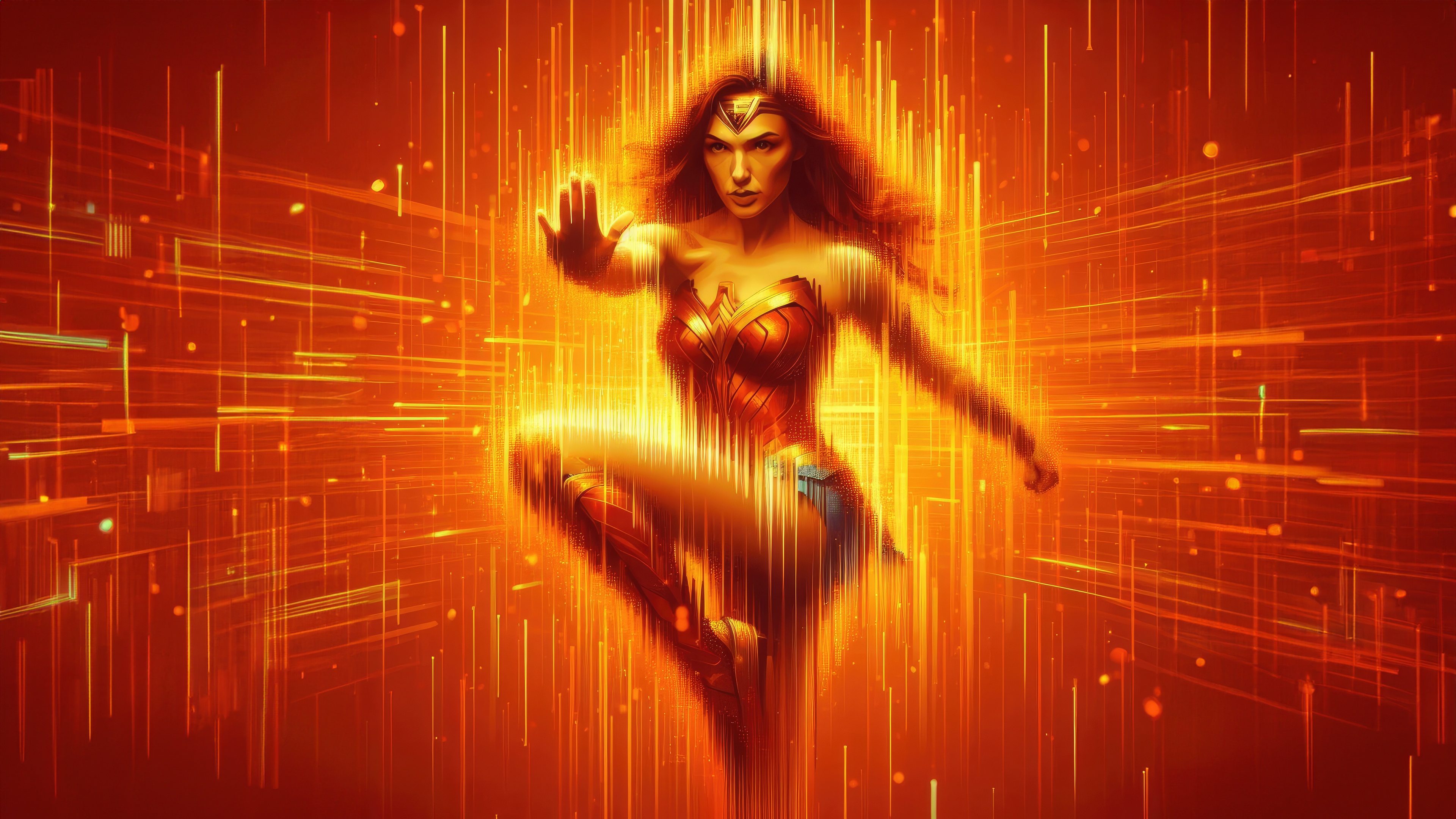 Wonder Woman in a dynamic pose with orange light streaks HD Wallpaper