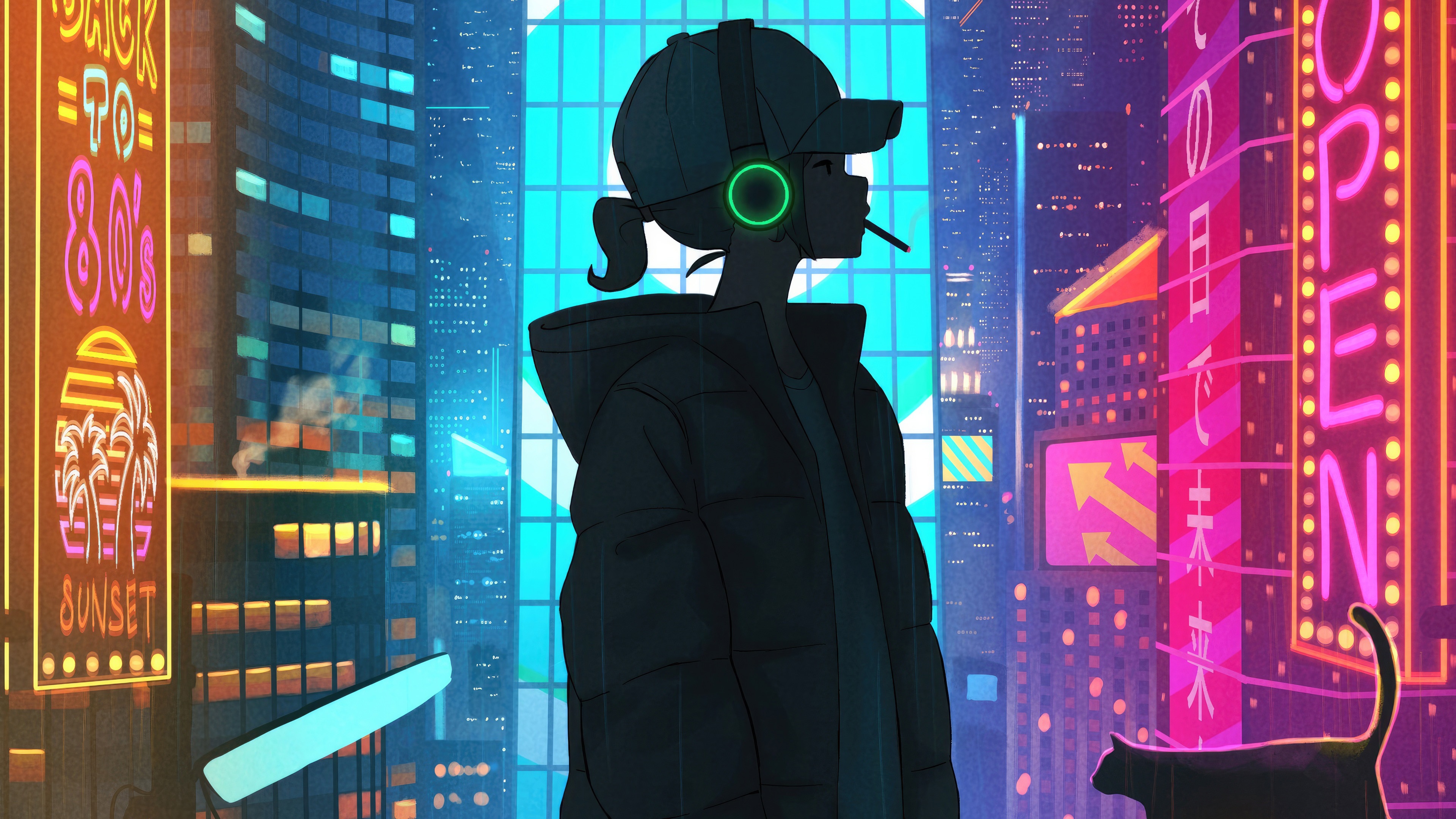 Girl with headphones in a neon city at night HD Wallpaper