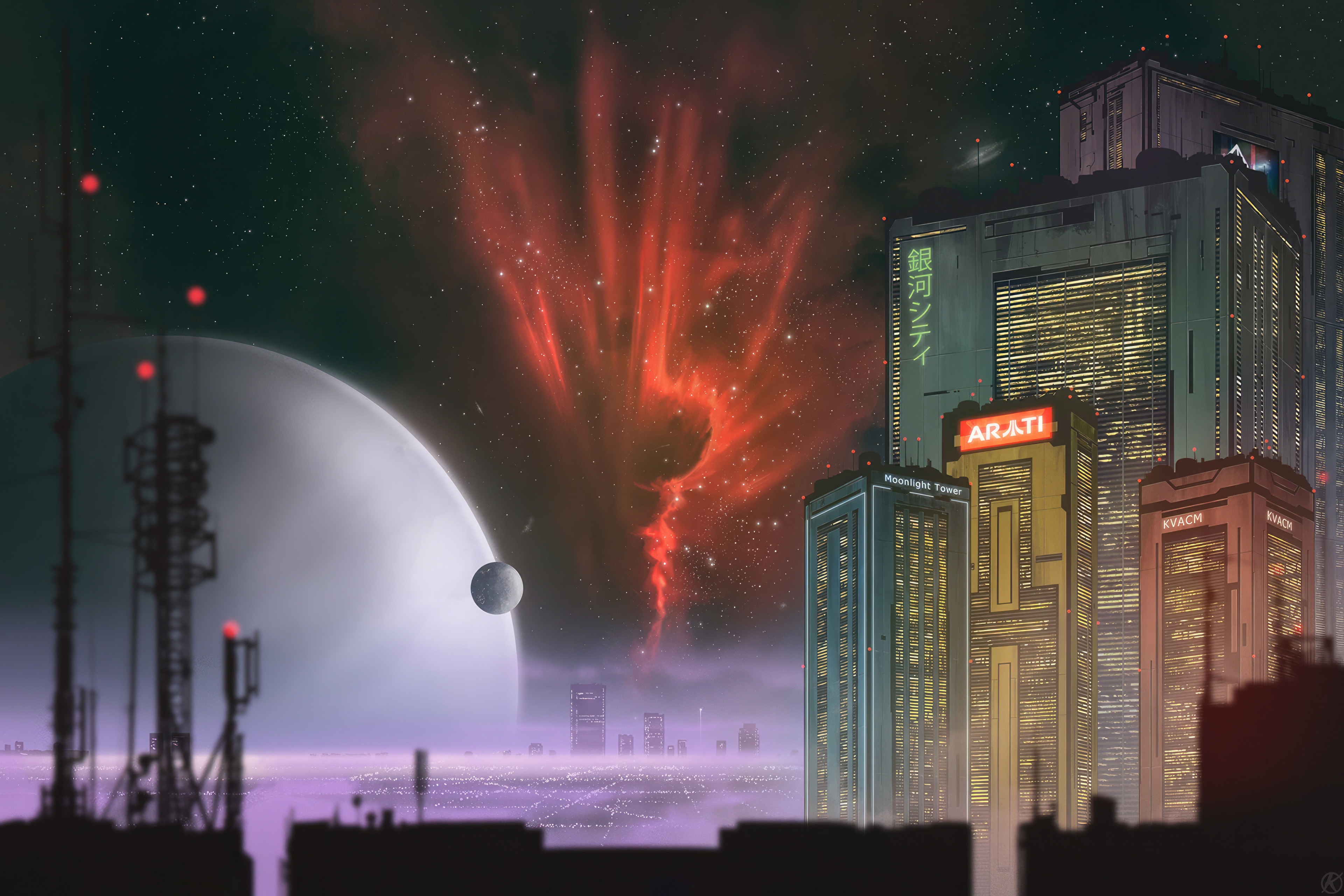 Nebula City Scifi Landscape HD Wallpaper