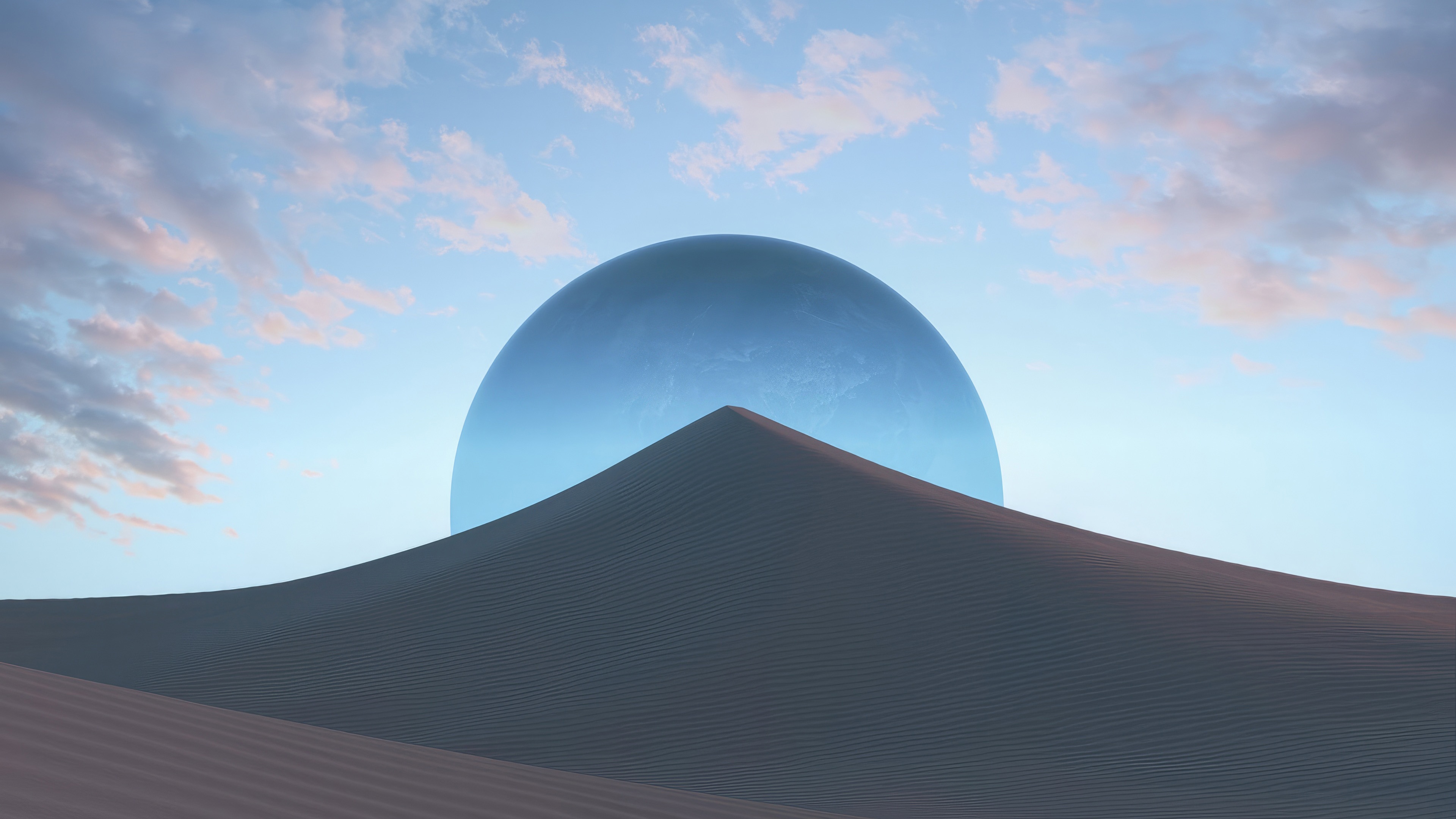 Surreal Desert Landscape with Giant Blue Sphere HD Wallpaper