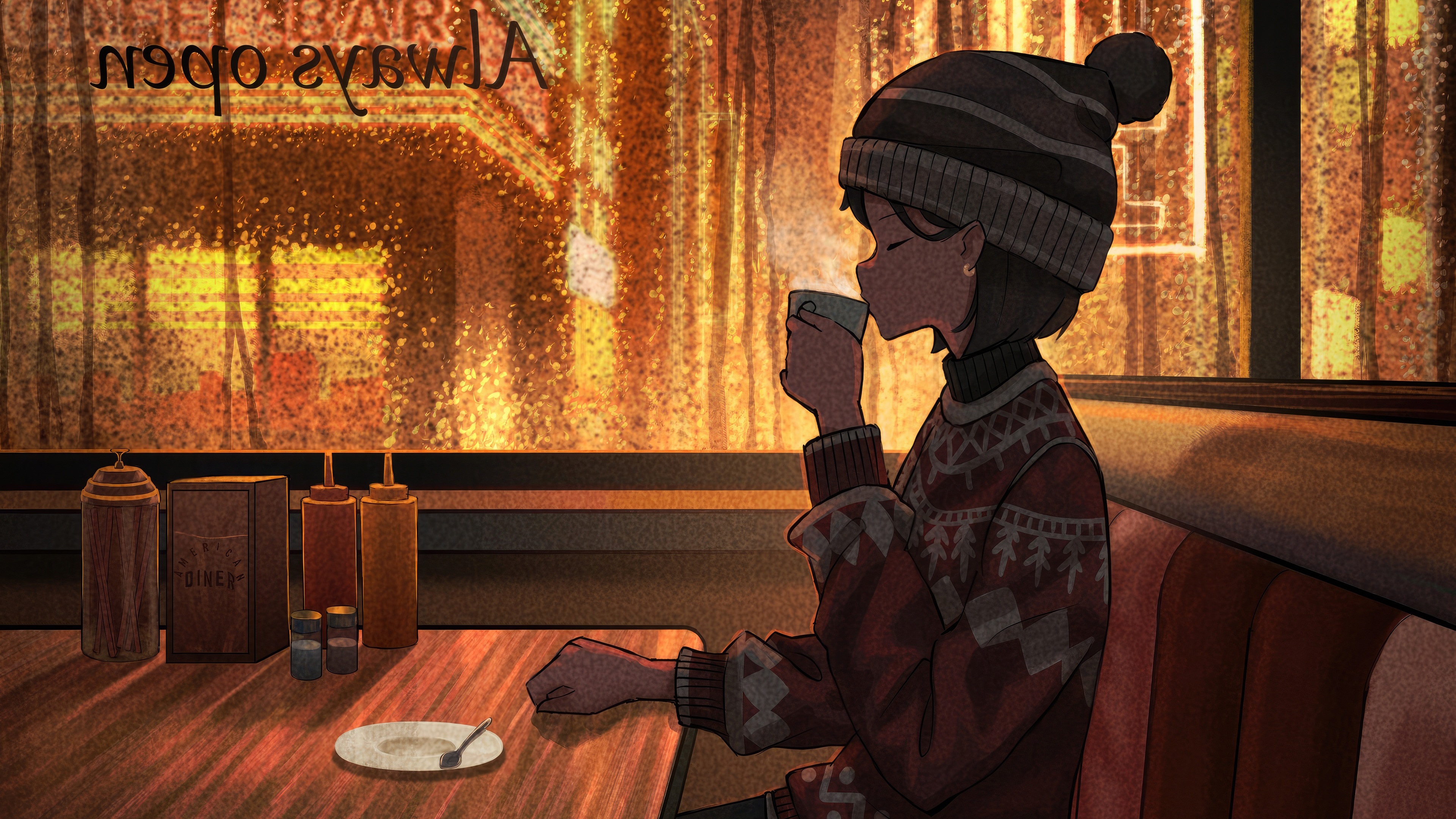 Girl drinking coffee in a diner HD Wallpaper