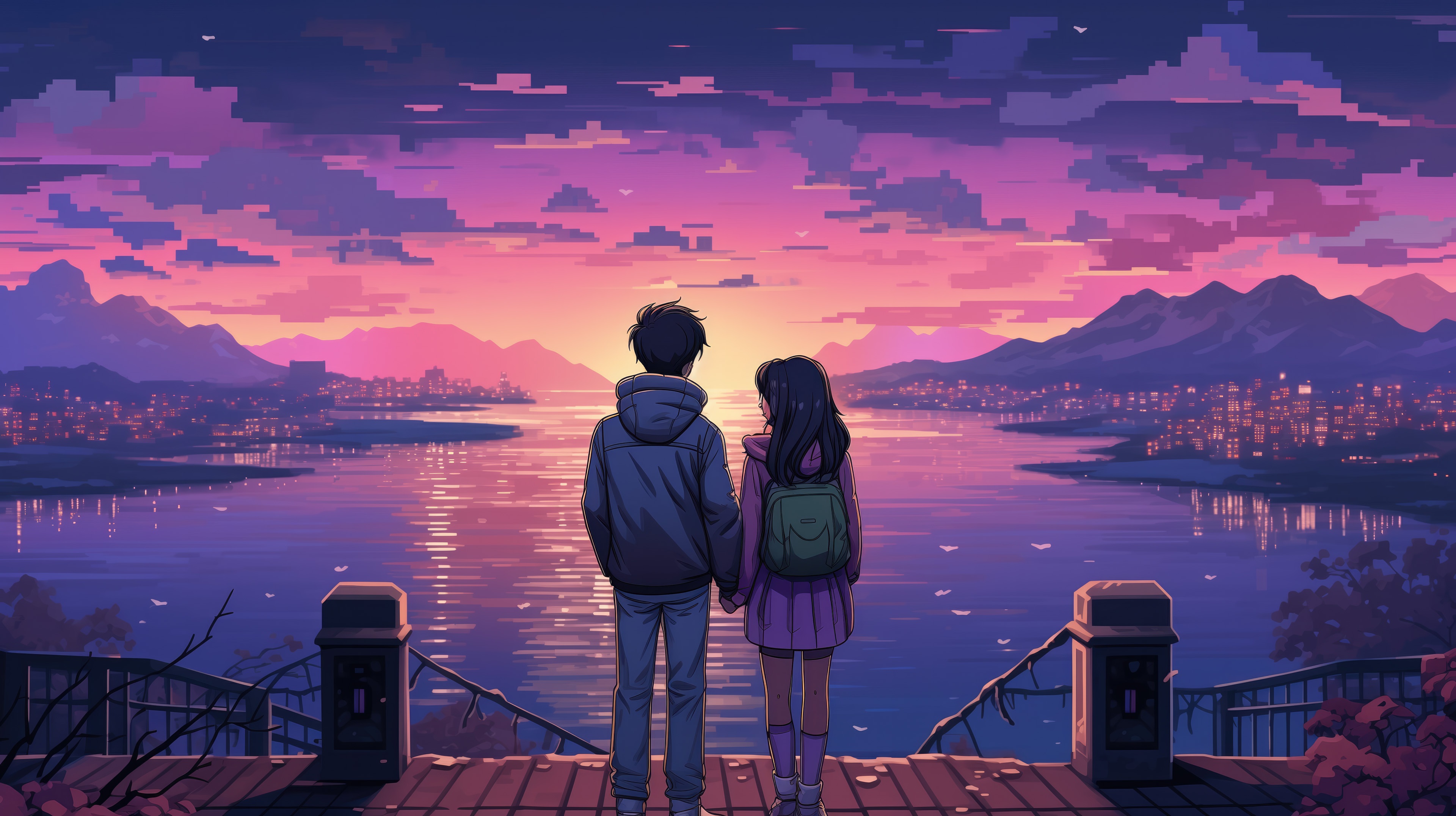 Couple Watching Sunset Over City and Lake HD Wallpaper