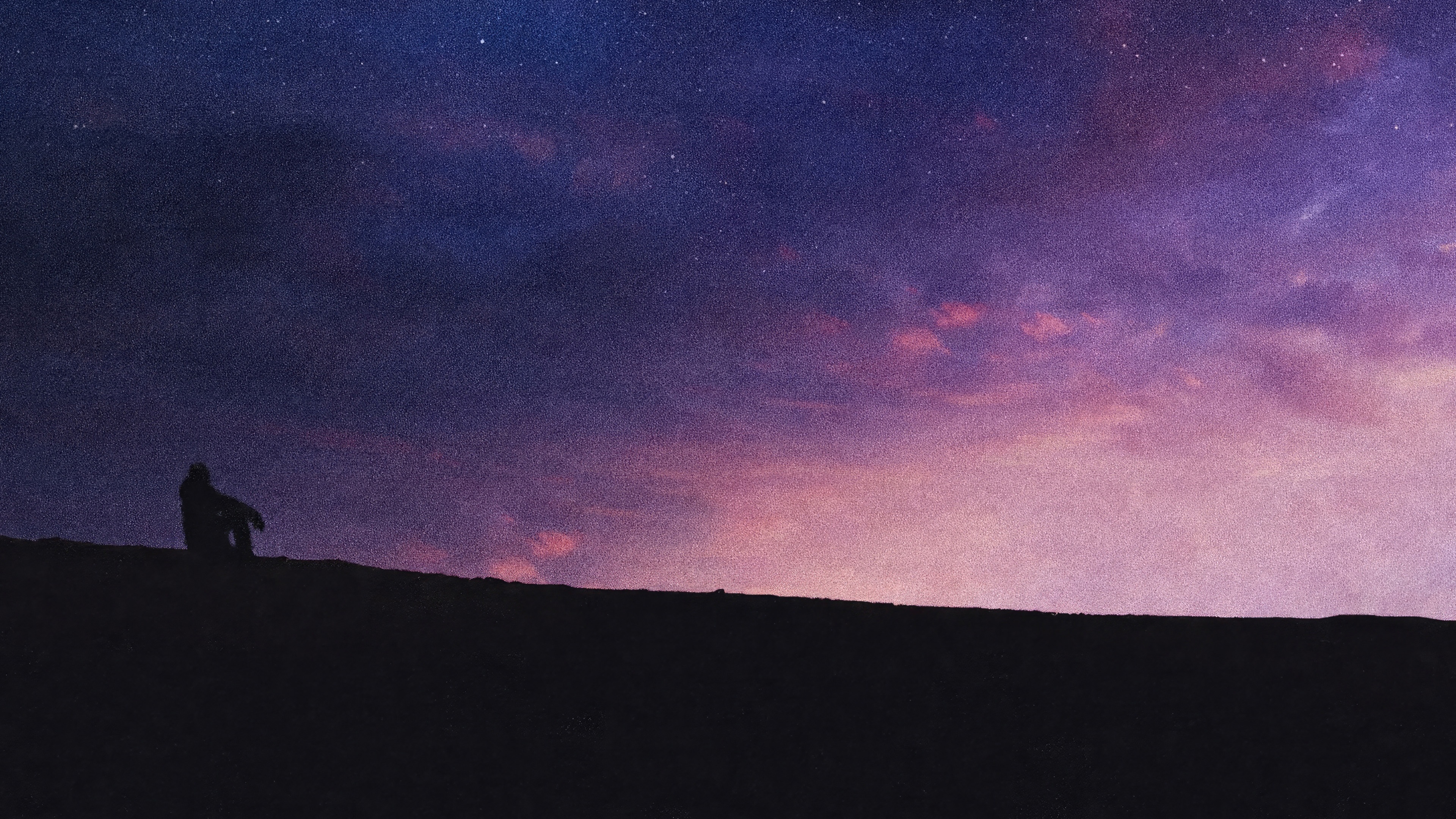 Person sitting on a hill under a starry sky HD Wallpaper