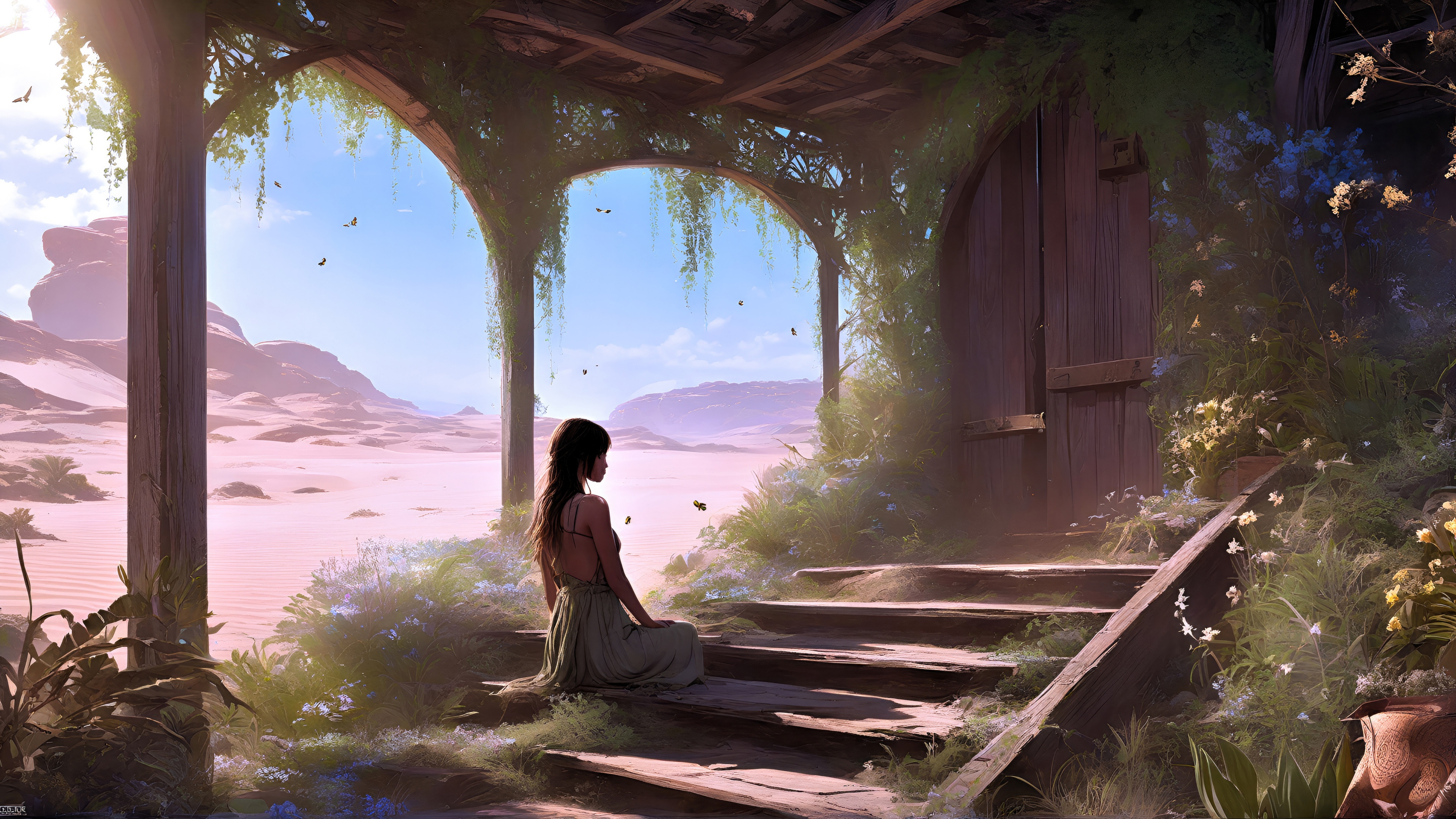 Woman sitting on steps overlooking desert landscape HD Wallpaper