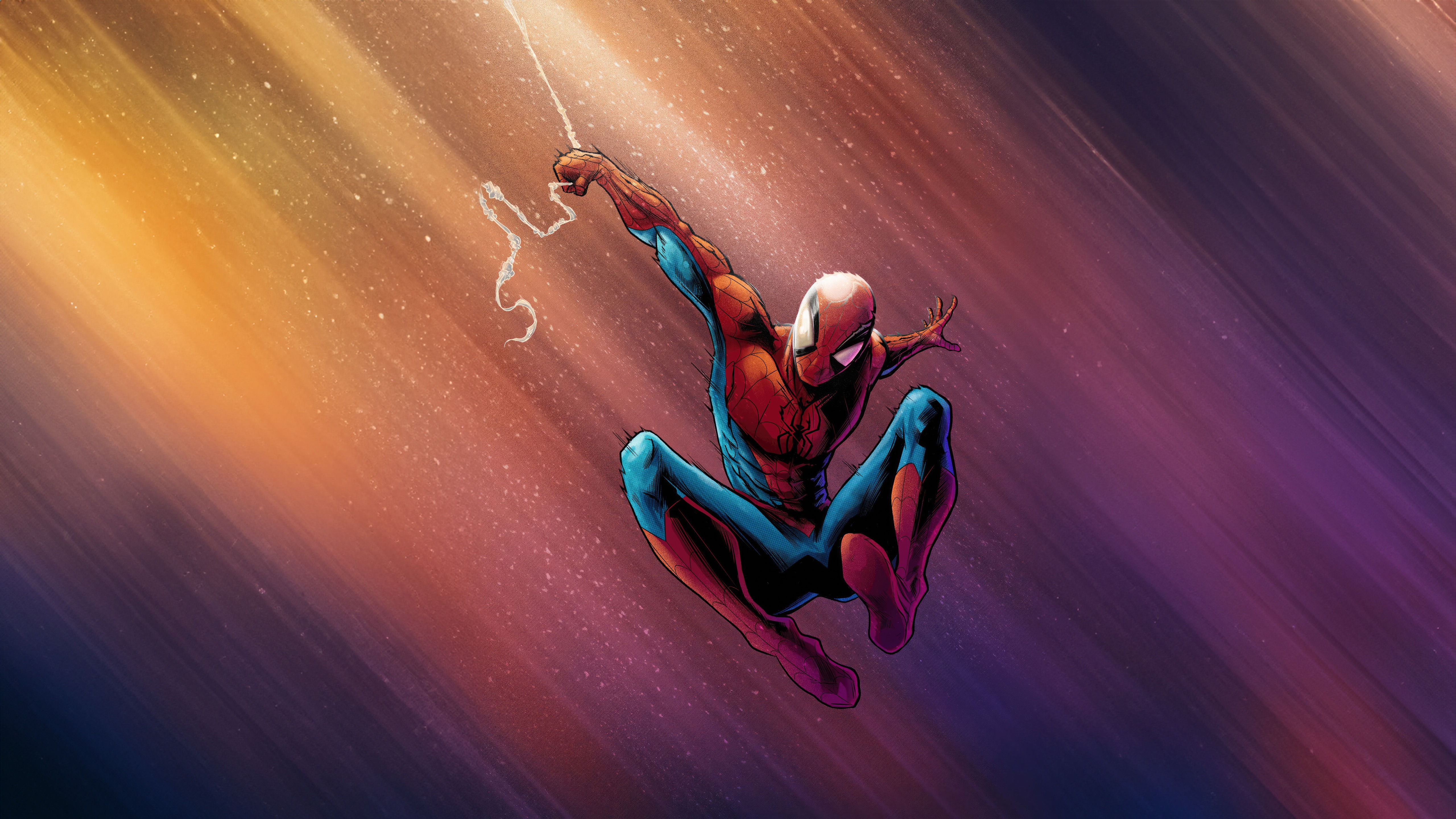 Spider-Man swinging through colorful light streaks HD Wallpaper