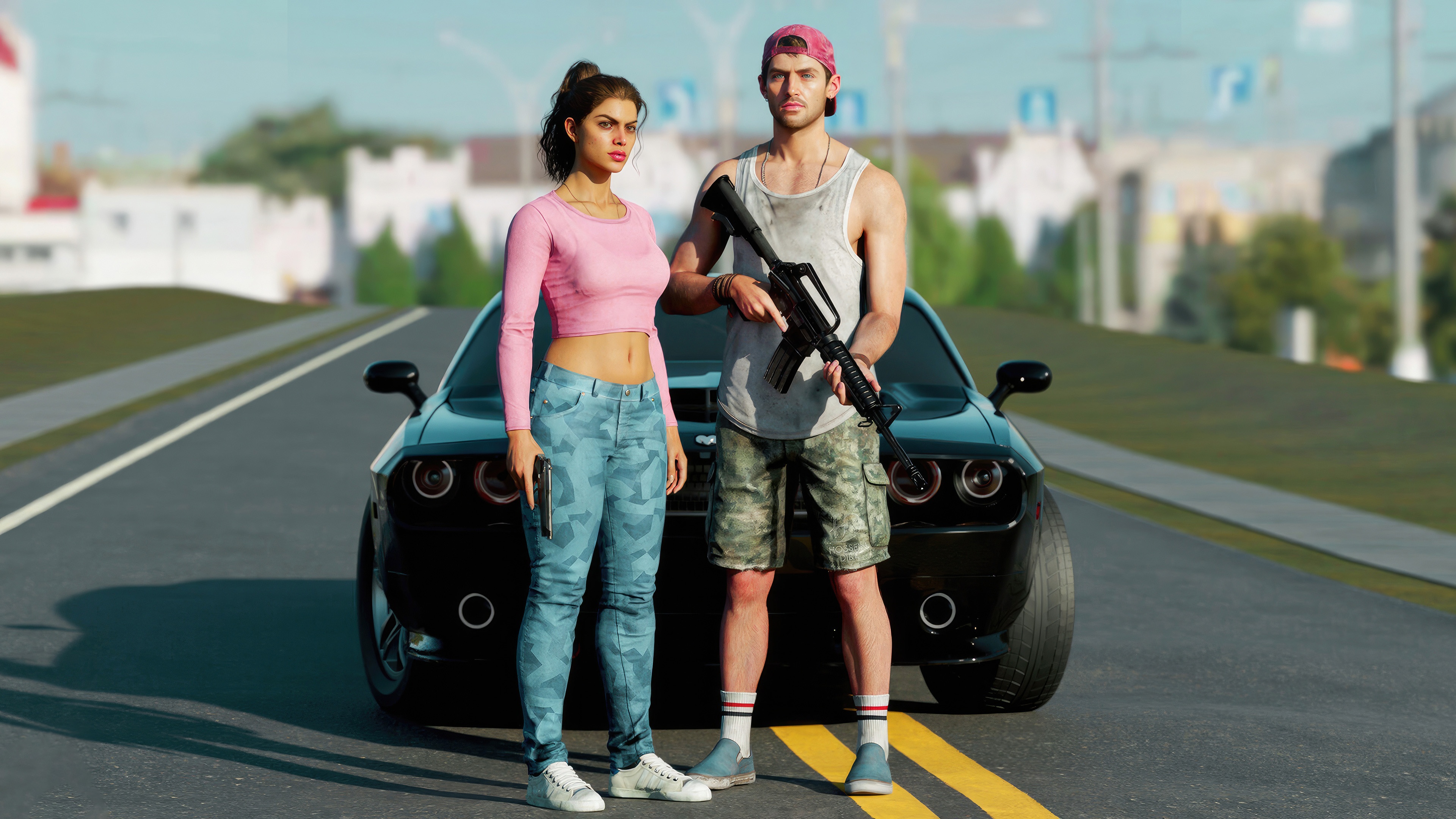 Jason and Lucia from GTA 6 with a car HD Wallpaper