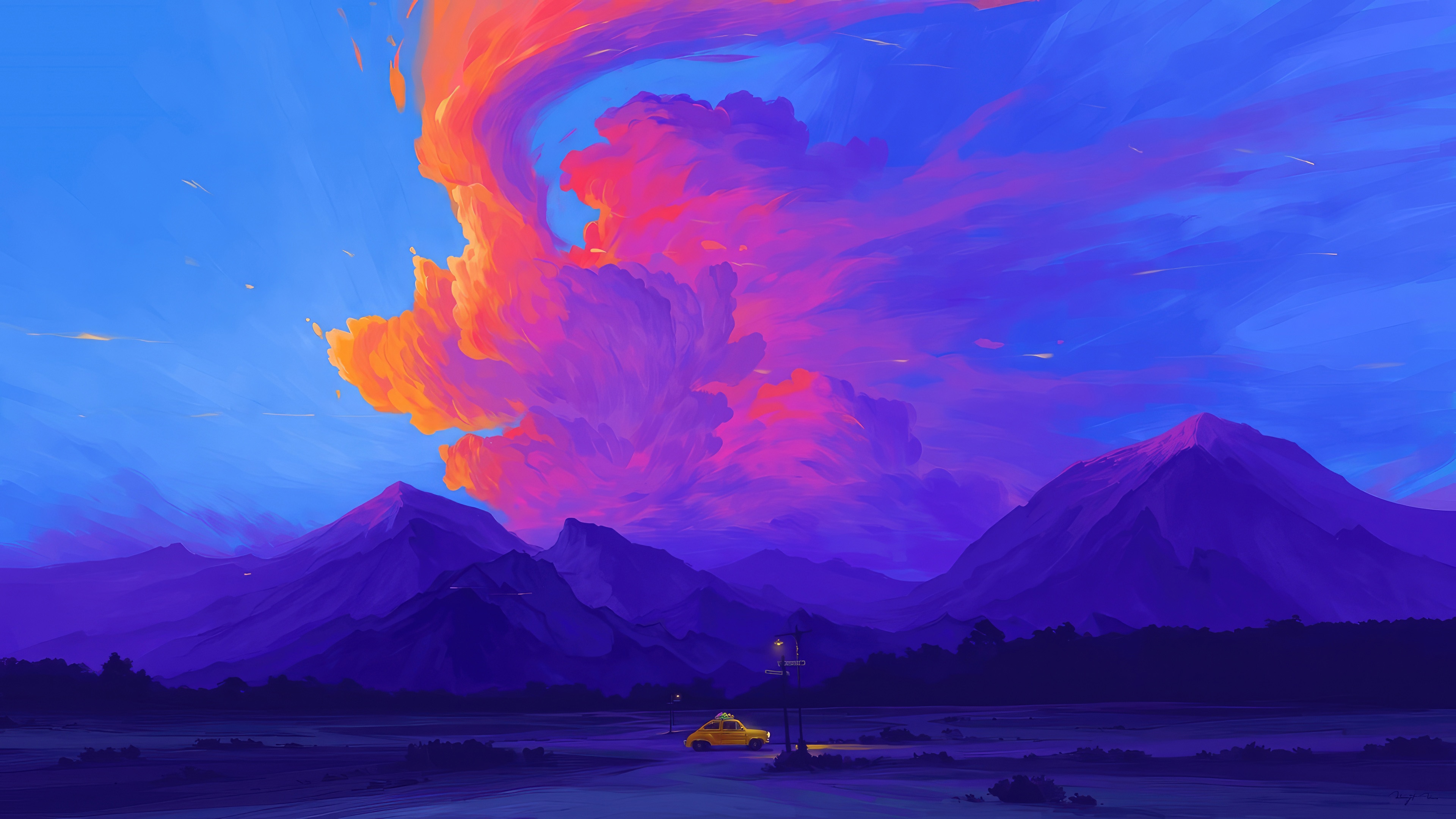 Sunset Symphony: A Yellow Car in a Mountainous Landscape HD Wallpaper