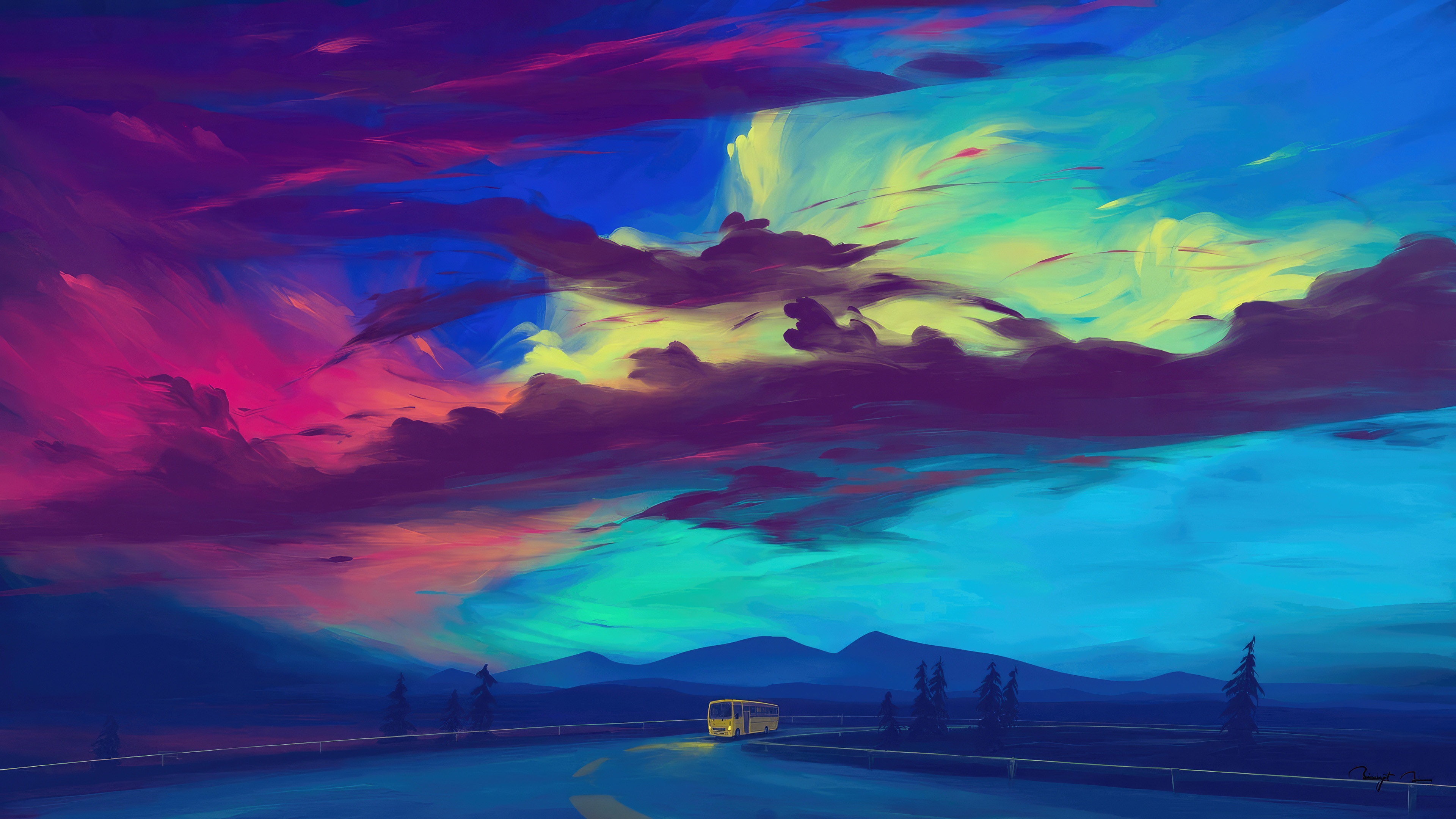 A bus travels on a road under a colorful sky HD Wallpaper