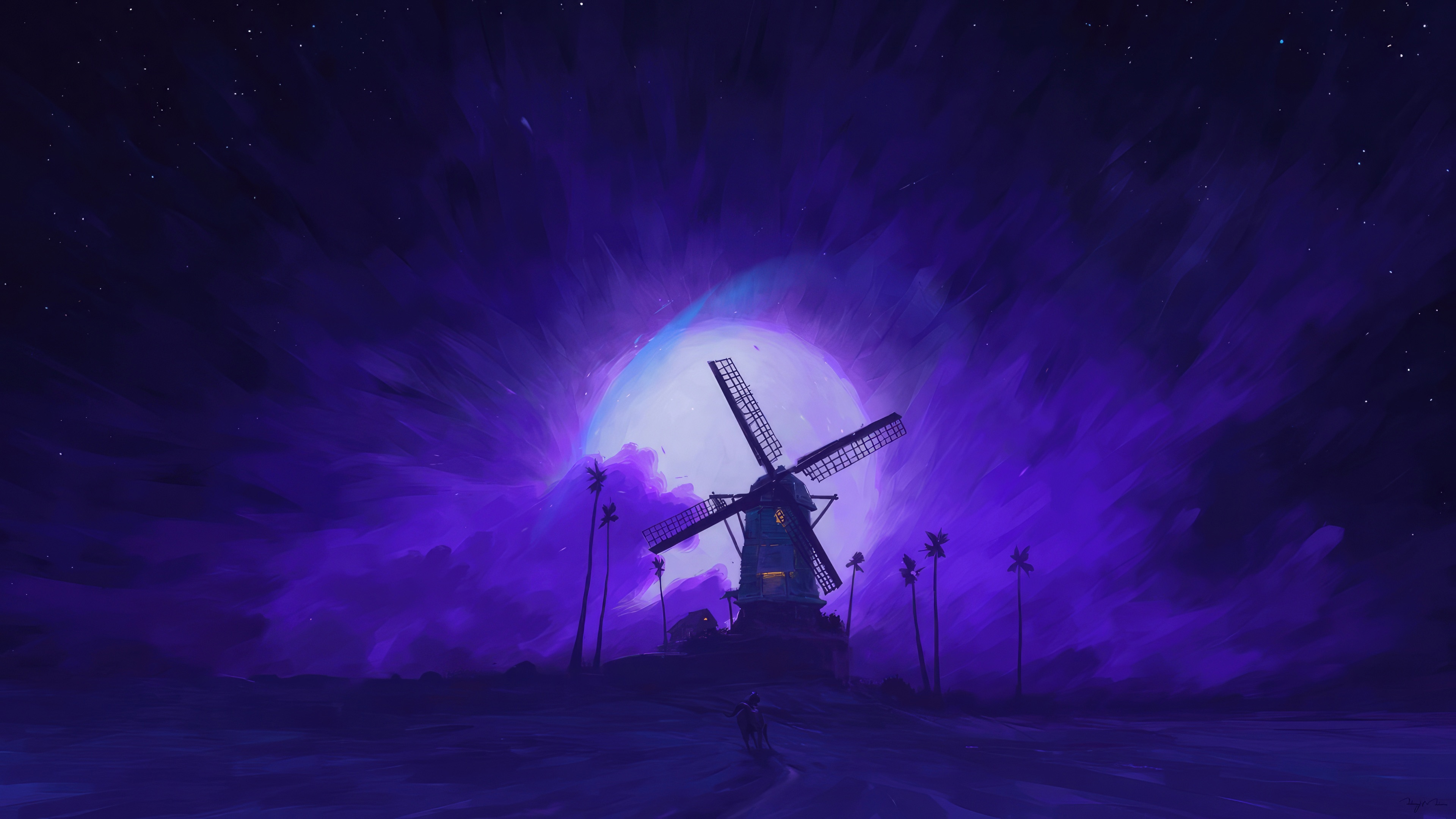 Old Windmill under a large moon HD Wallpaper