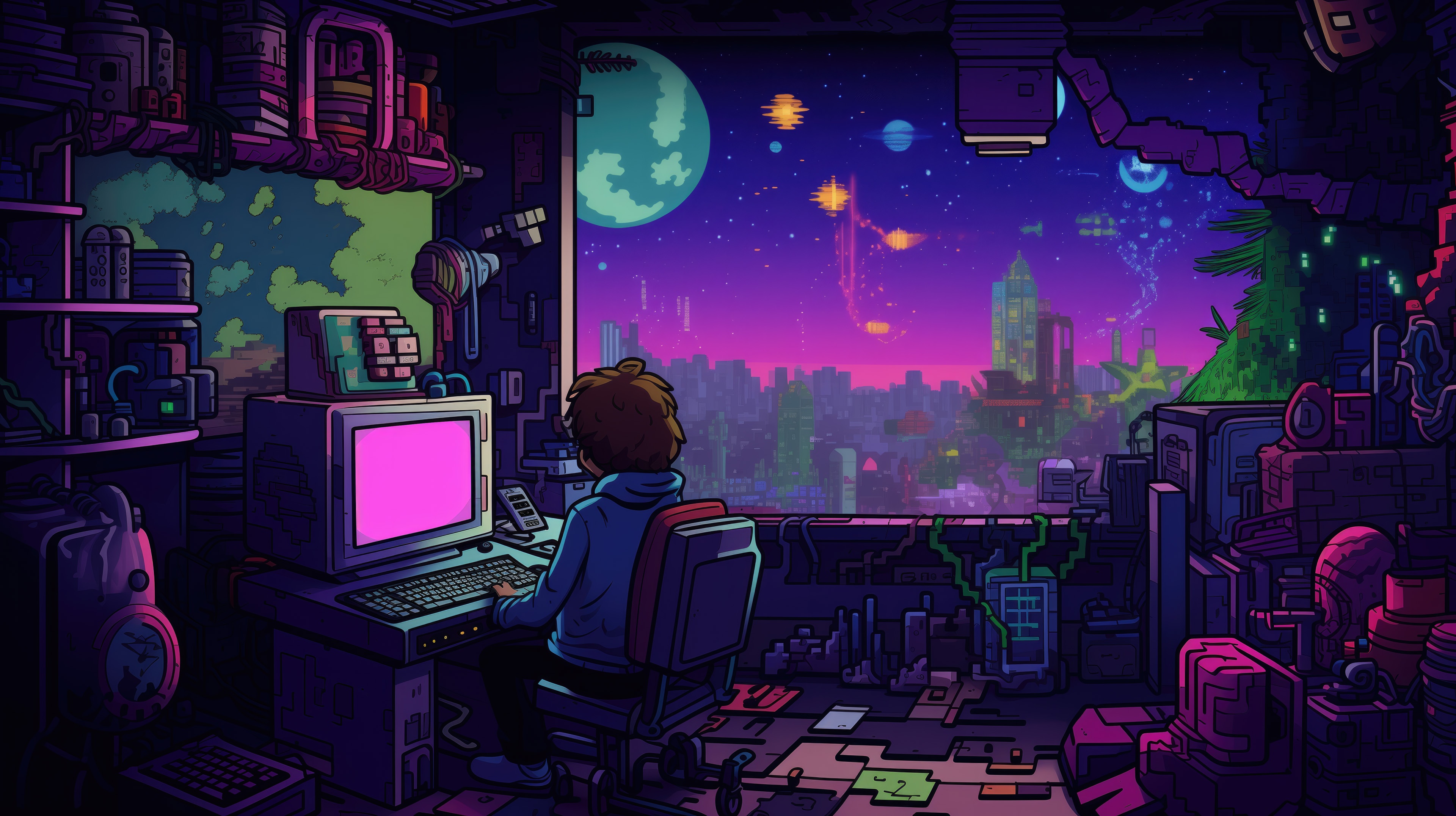 Person at computer overlooking futuristic city at night HD Wallpaper