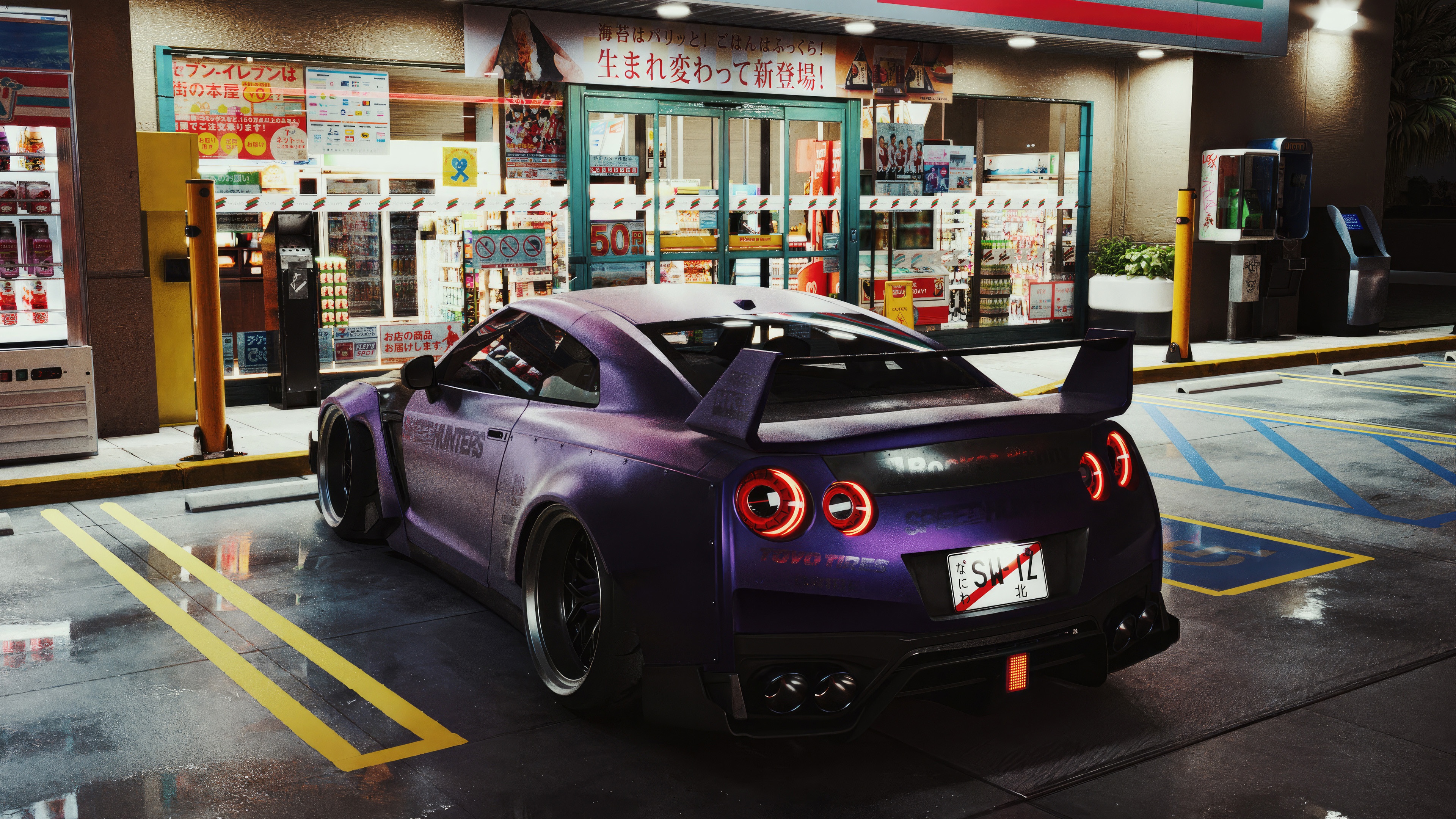 Purple Nissan GTR R35 parked at a 7-Eleven HD Wallpaper