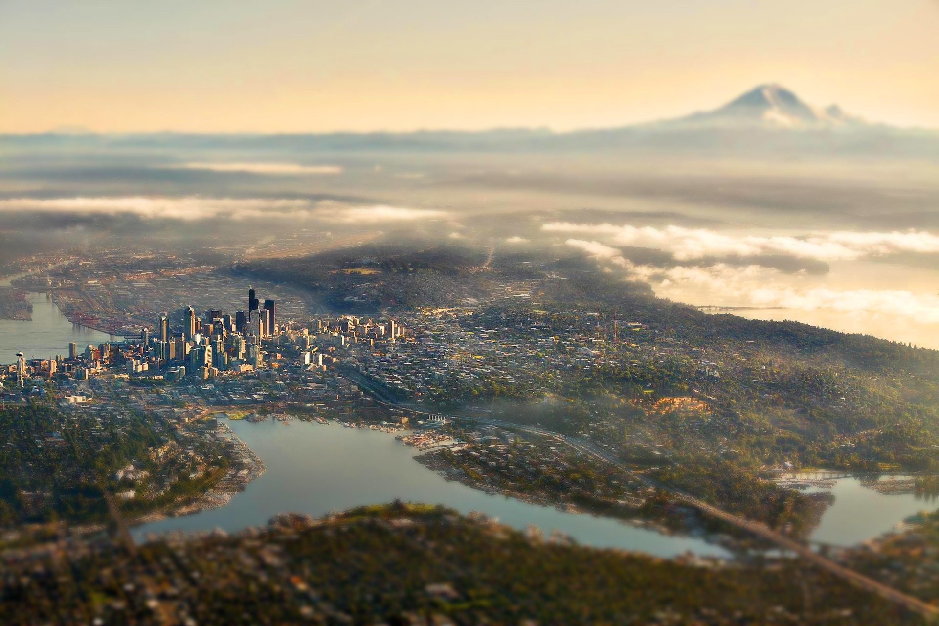 Seattle cityscape with Mount Rainier in the background HD Wallpaper